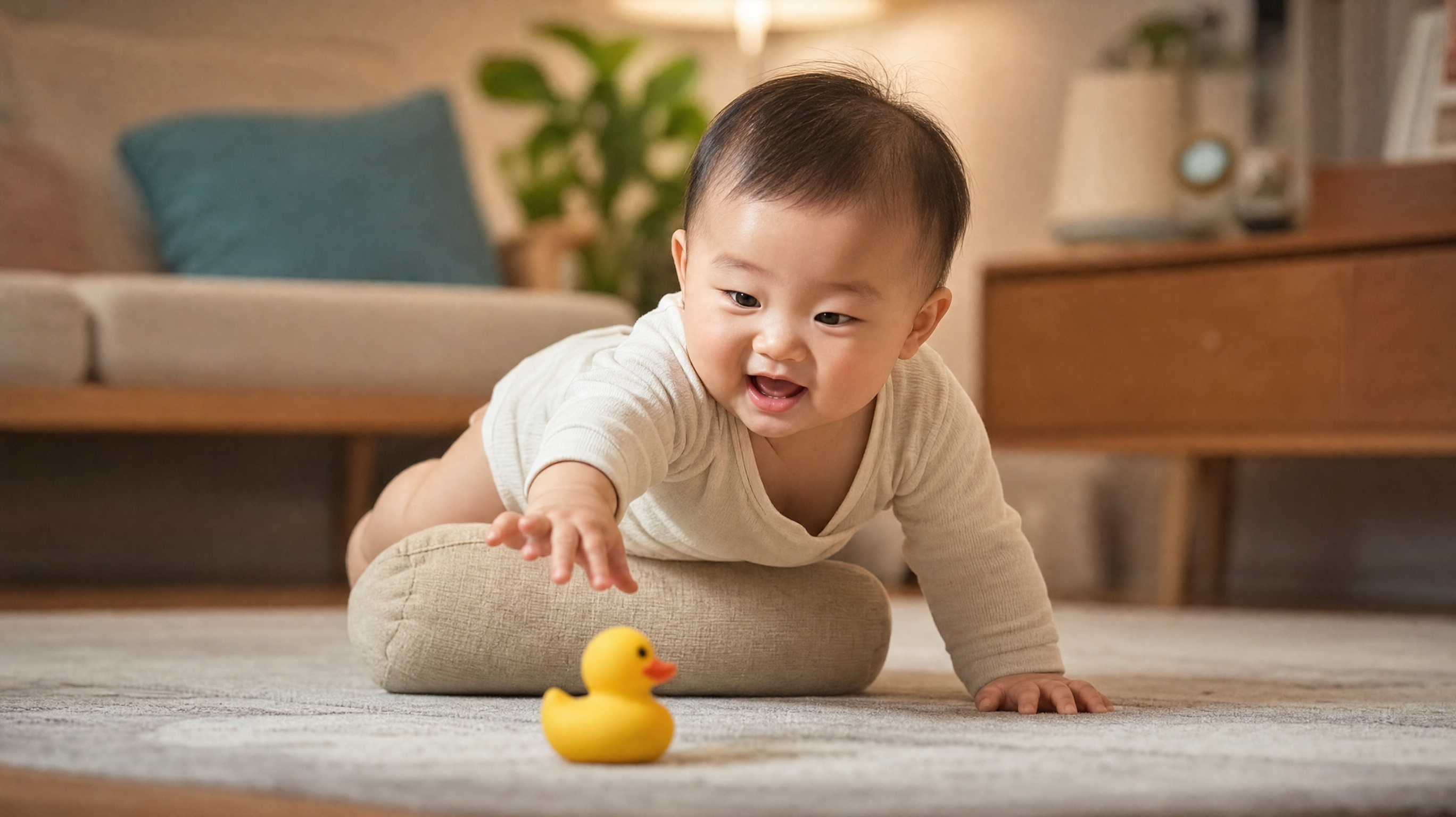 A cheerful 7-month-old Chinese baby crawling on a living room floor, successfully climbing over a small soft cushion obstacle. The baby is reaching for a bright yellow duck toy. Warm indoor lighting, shallow depth of field, joyful atmosphere, high quality, realistic photography, cinematic lighting. --ar 16:9