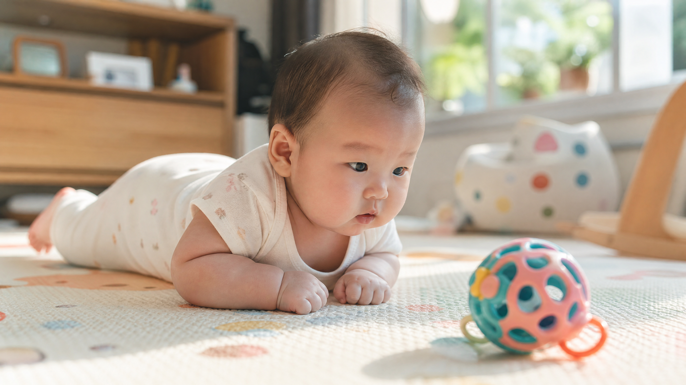 A cute 3-month-old Chinese baby doing tummy time on a soft play mat, upper body supported by forearms, looking at a colorful toy ahead. Warm natural sunlight filtering through a window, cozy home environment, soft pastel colors, highly detailed, photorealistic, 8k resolution, shot on 35mm lens. --ar 16:9