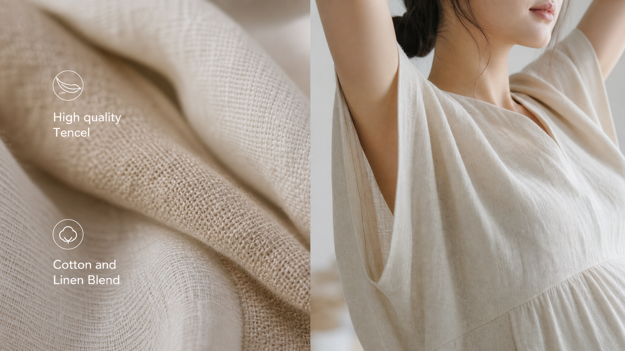 Close-up macro photography of high-quality Tencel and cotton-linen blend fabrics, showing the breathable texture and fine weave. Next to it, a subtle detail of a Chinese pregnant woman's outfit showing the loose neckline and armpit area for ventilation, soft natural lighting, high fashion editorial style, 8k, ultra-detailed. --ar 16:9
