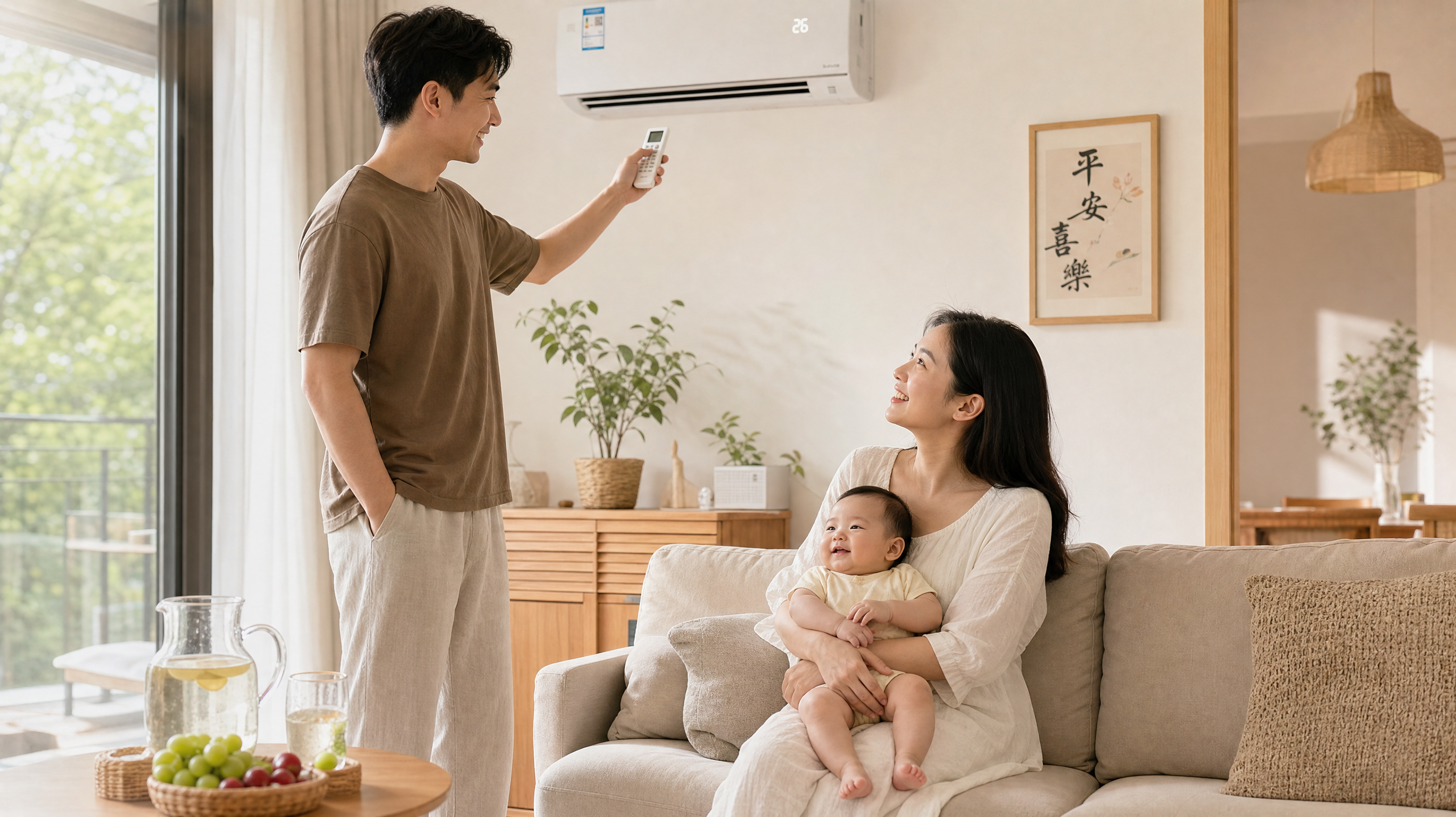 A warm indoor scene of a Chinese family in summer. A Chinese father is adjusting the air conditioner temperature with a remote control, while smiling at his wife who is comfortably holding the baby. Bright and airy room, realistic, high resolution, cozy family vibe.