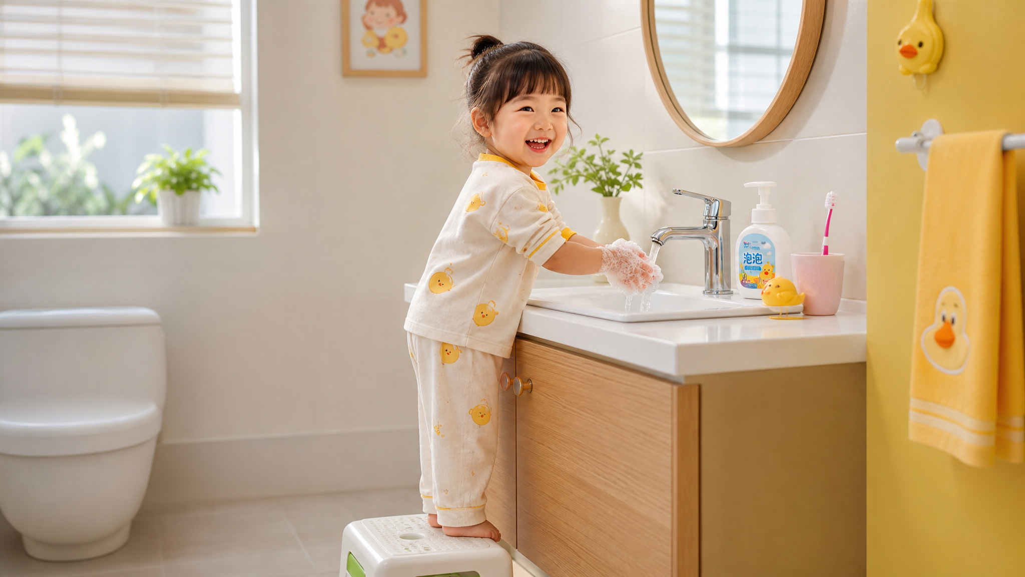 A cute 4-year-old Chinese child happily washing hands at a bathroom sink, stepping on a small stool. The child is rubbing hands with rich soap bubbles. Bright, clean, and warm bathroom environment. Soft natural light, highly detailed, Pixar 3D style or bright lifestyle photography. --ar 3:4