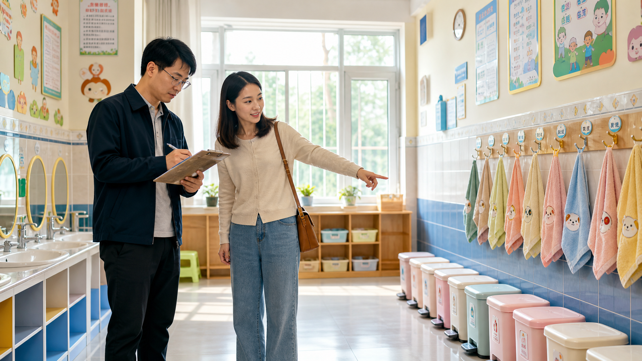 A wide shot of a young Chinese couple inspecting a brightly colored kindergarten washroom, the mother is pointing at the personalized towels and foot-pedal trash cans, the father is taking notes on a clipboard, sunny daylight coming through the window, warm and safe atmosphere, high quality, realistic, 8k.