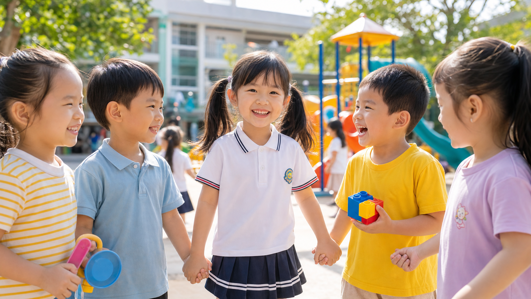 A confident 5-year-old Chinese child smiling brightly, standing with a group of friendly Chinese peers in a sunny kindergarten playground. They are holding hands and sharing toys. Bright and cheerful atmosphere, soft sunlight, highly detailed, photorealistic, Midjourney v6.