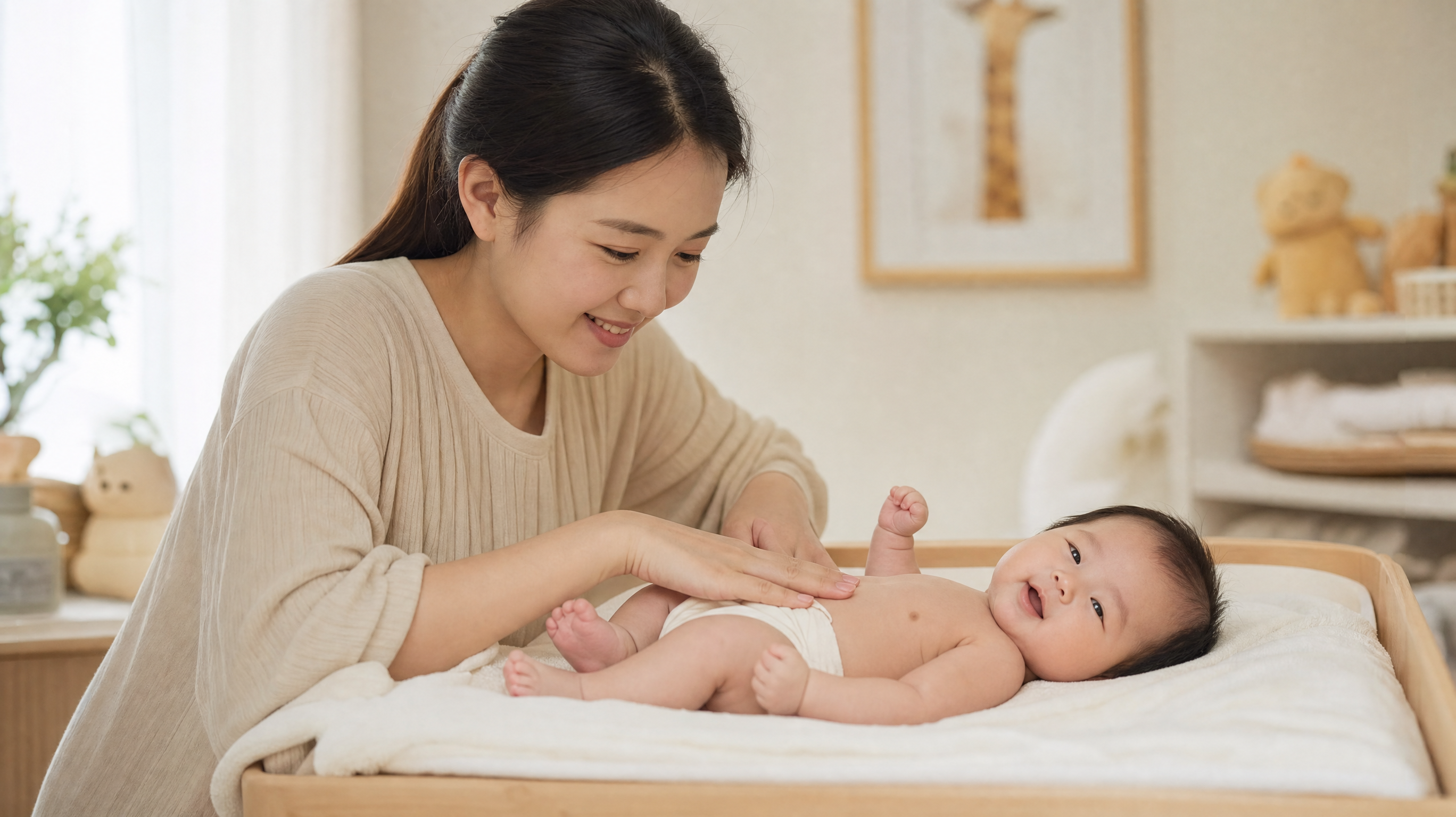 A warm and cozy baby room, soft natural lighting. A gentle young Chinese mother is smiling and doing a gentle massage for her 1-month-old cute Chinese baby lying on a soft changing table. The baby looks relaxed and happy. High quality, photorealistic, 8k resolution, soft pastel color palette, maternal love, cozy atmosphere. --ar 3:4