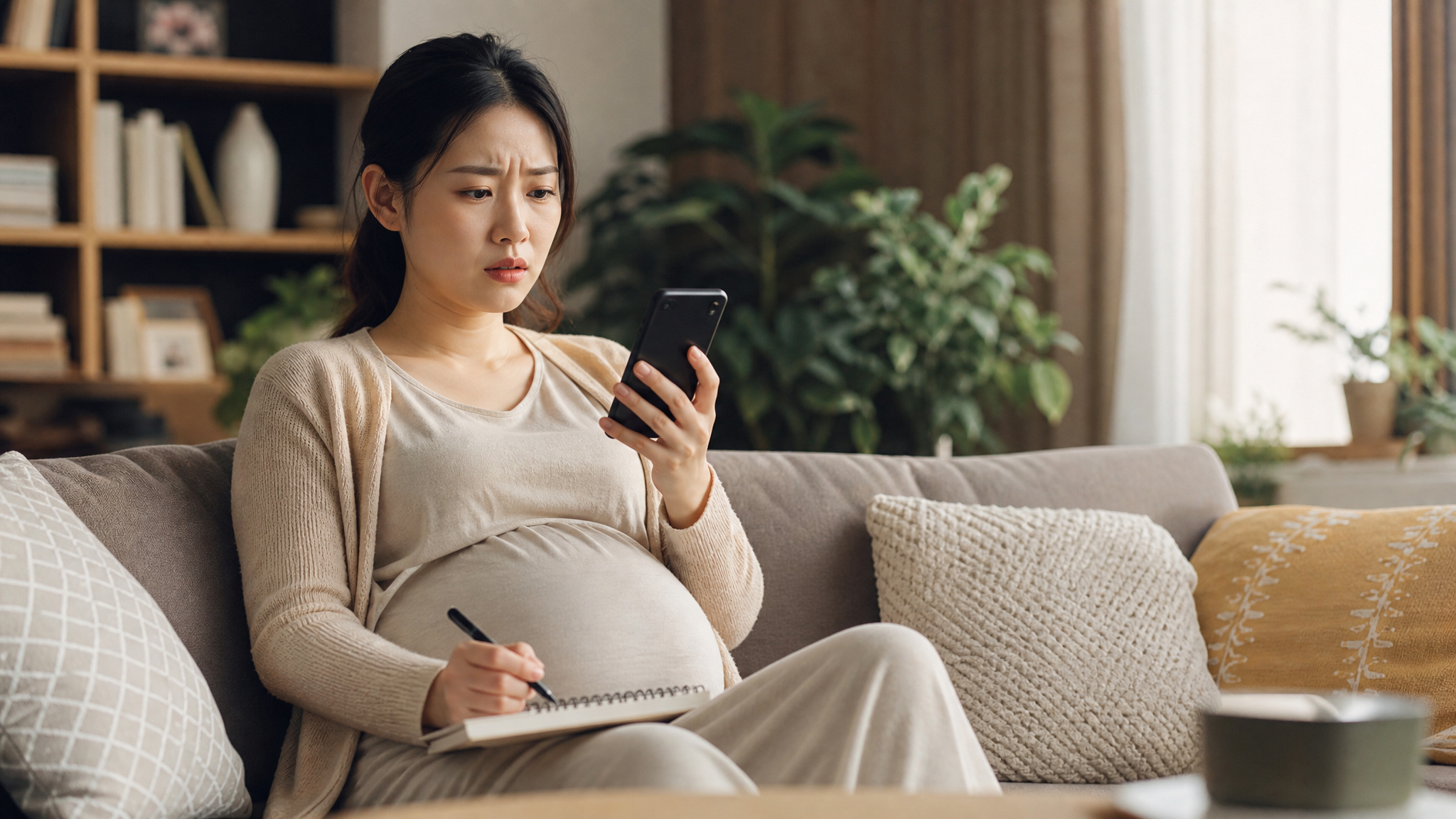 A young Chinese pregnant woman sitting on a cozy sofa, looking slightly confused while checking her smartphone, holding a pen and a notebook. Soft natural indoor lighting, warm tones, high quality, realistic, 8k resolution, cinematic lighting, Midjourney style.