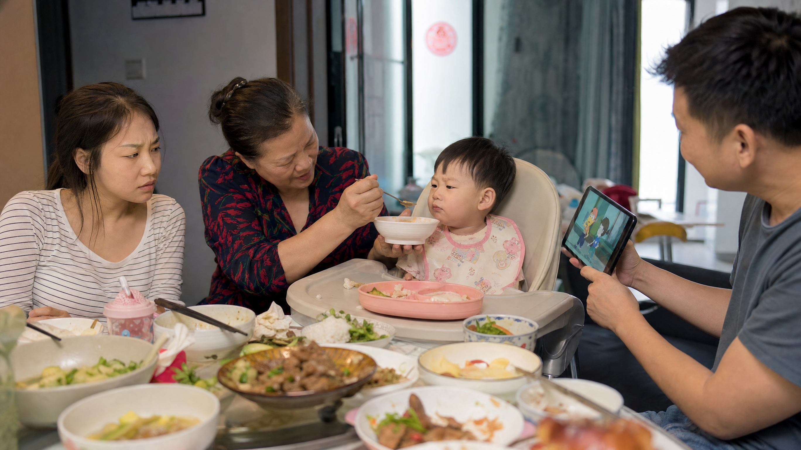 A realistic photography of a Chinese family dining room. A frustrated young mother looking at a 2-year-old Chinese toddler who is refusing to eat, keeping mouth closed. A grandmother is holding a bowl and spoon trying to feed the toddler. A father is holding a tablet playing cartoons. Messy dining table, cinematic lighting, highly detailed, 8k resolution.