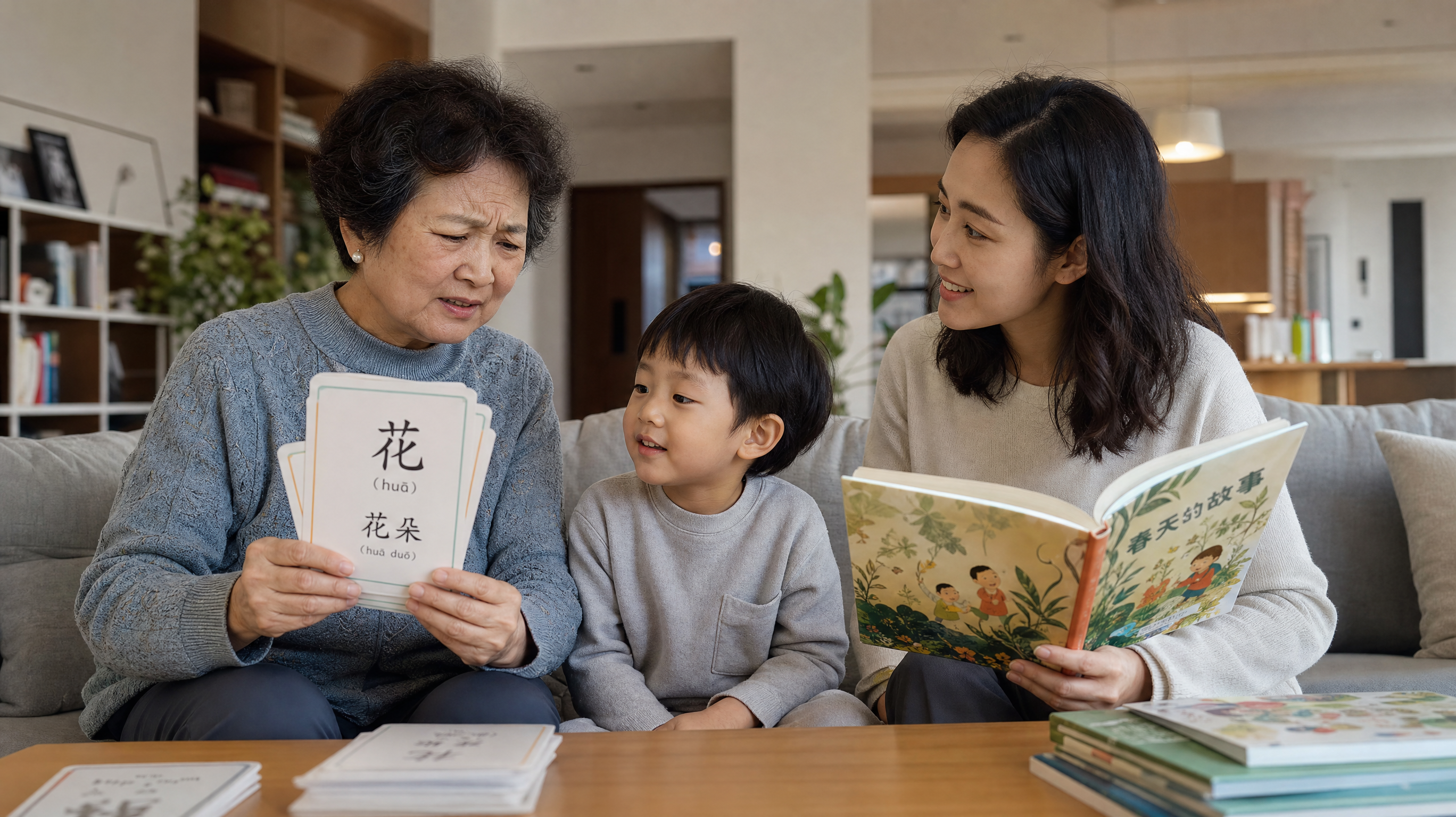 A realistic photography of a Chinese family in a modern cozy living room. A grandmother is holding a set of traditional Chinese character flashcards, looking slightly confused. A young Chinese mother is holding a beautifully illustrated children's picture book, smiling patiently. A 4-year-old Chinese child is sitting between them. Soft natural indoor lighting, cinematic composition, 8k resolution, photorealistic.