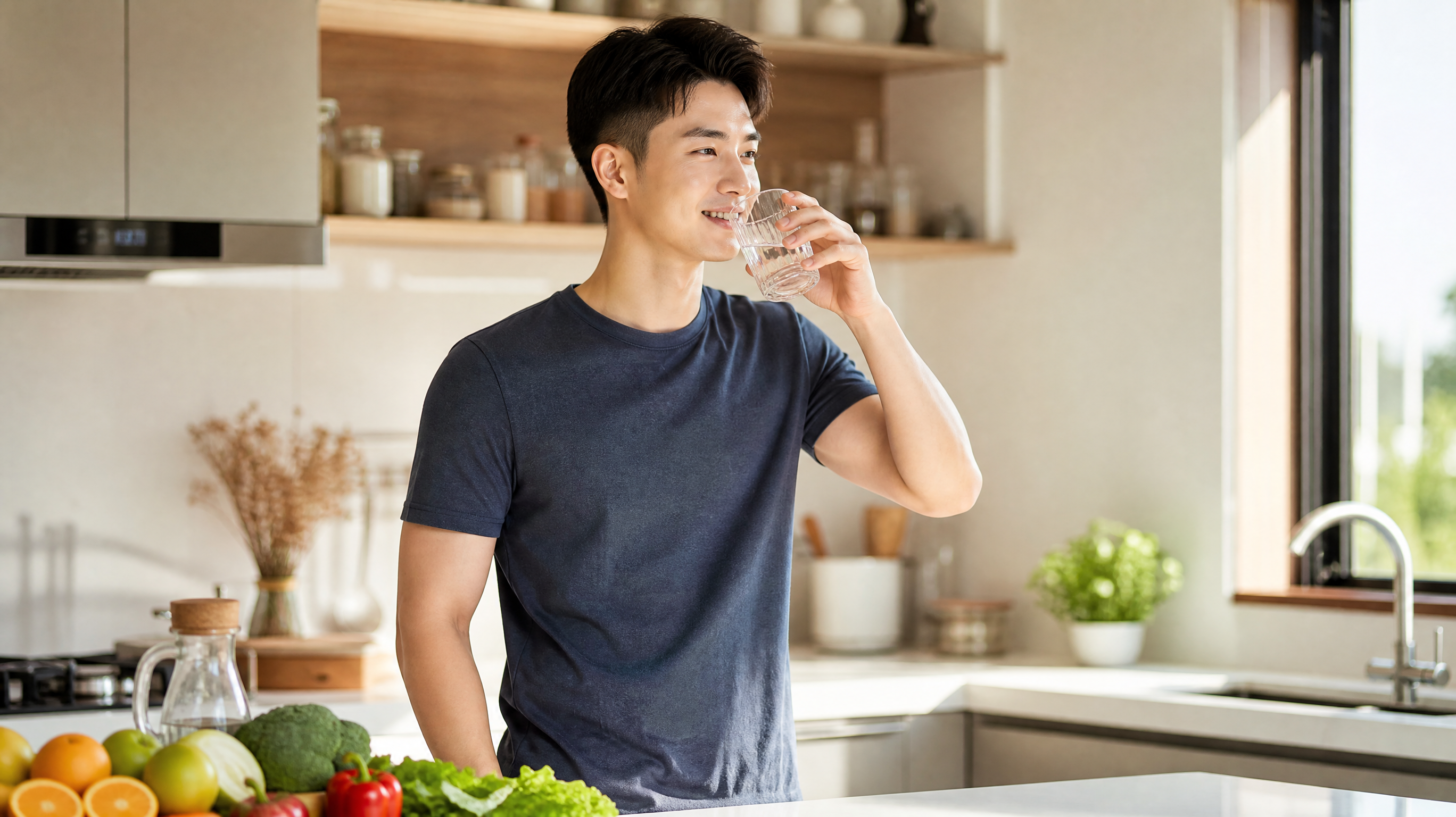 A handsome modern Chinese man smiling and drinking a glass of water, wearing comfortable casual clothes, standing in a sunny kitchen. There are fresh fruits and vegetables on the counter. Bright, warm lighting, conveying health and vitality, realistic photography, 85mm lens, depth of field, 8k.