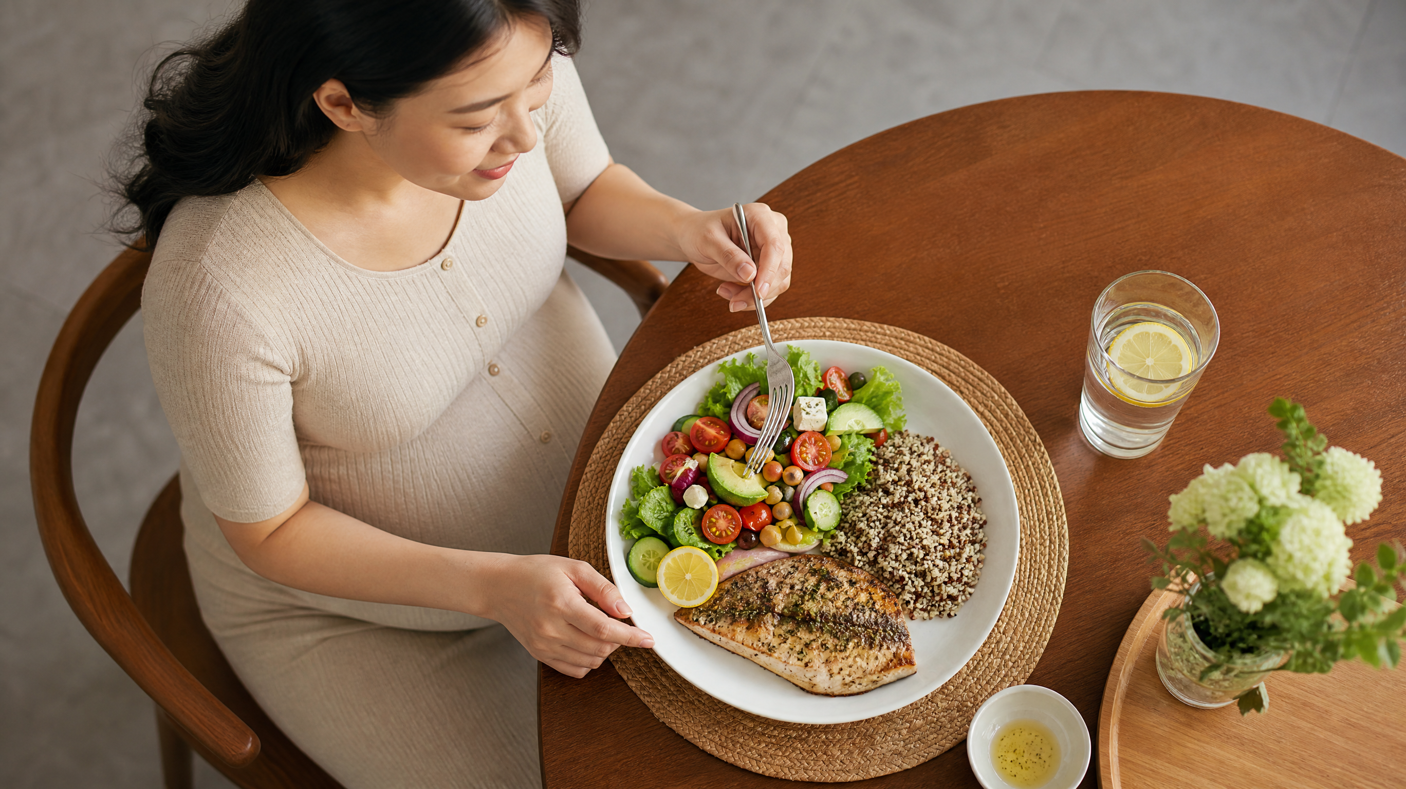 A top-down view of a healthy Mediterranean-style meal plate on a dining table. A young Chinese pregnant woman is sitting at the table, smiling as she is about to eat. The plate is perfectly portioned: half fresh vegetables, one-quarter grilled fish, and one-quarter mixed whole grains. Warm inviting lighting, clean aesthetic, photorealistic, 8k resolution.