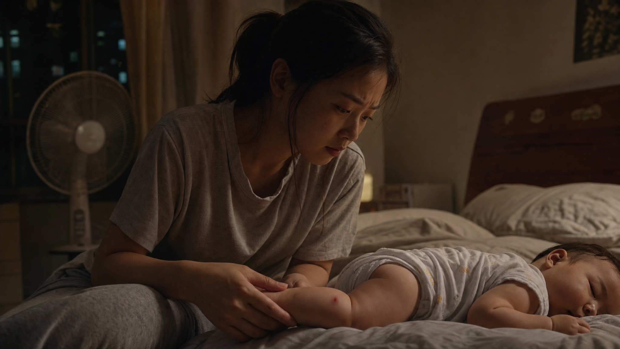 A high-quality photorealistic image of an anxious young Chinese mother sitting on a bed in a dimly lit bedroom at night. She is looking gently but worriedly at her sleeping baby's leg, which has a red mosquito bite. A fan is blowing in the background. Soft warm lighting, cinematic, highly detailed, 8k resolution, shot on 35mm lens.