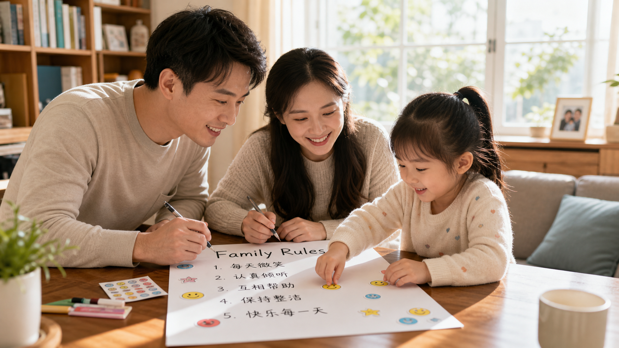 A heartwarming scene of a Chinese family having a meeting around a wooden dining table. A young Chinese father and mother are writing on a white paper titled 'Family Rules', smiling at their 5-year-old daughter who is pasting a sticker on it. Bright natural sunlight from the window, cozy home decor, soft focus background, ultra-realistic, highly detailed, 8k.