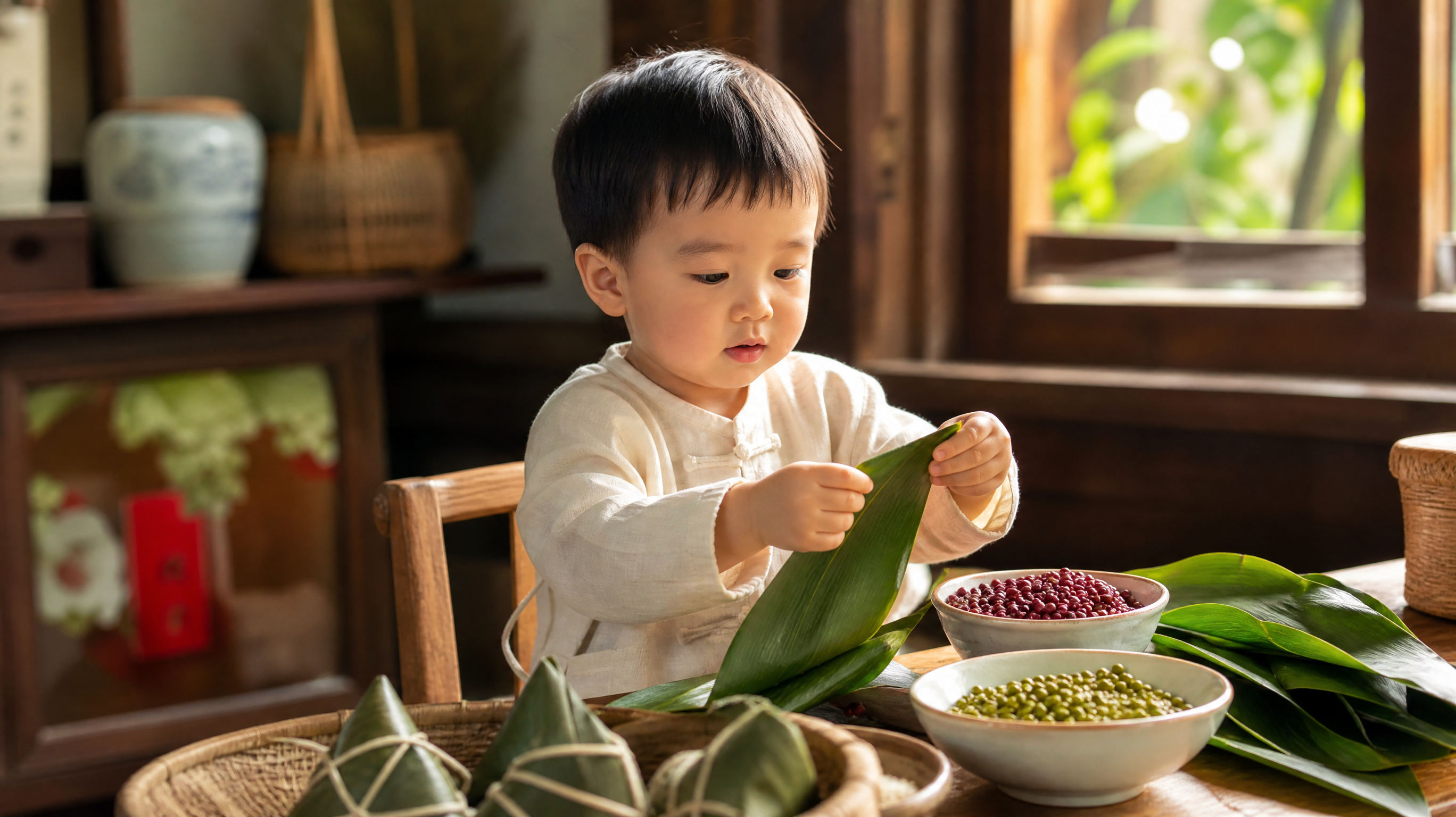 A warm and inviting indoor scene, a Chinese toddler (around 2 years old) sitting at a low wooden table, playing with Zongzi leaves, red beans, and green beans in small ceramic bowls. Soft natural sunlight filtering through a window, bright and cozy lighting, high quality, 8k resolution, photorealistic, cinematic composition.