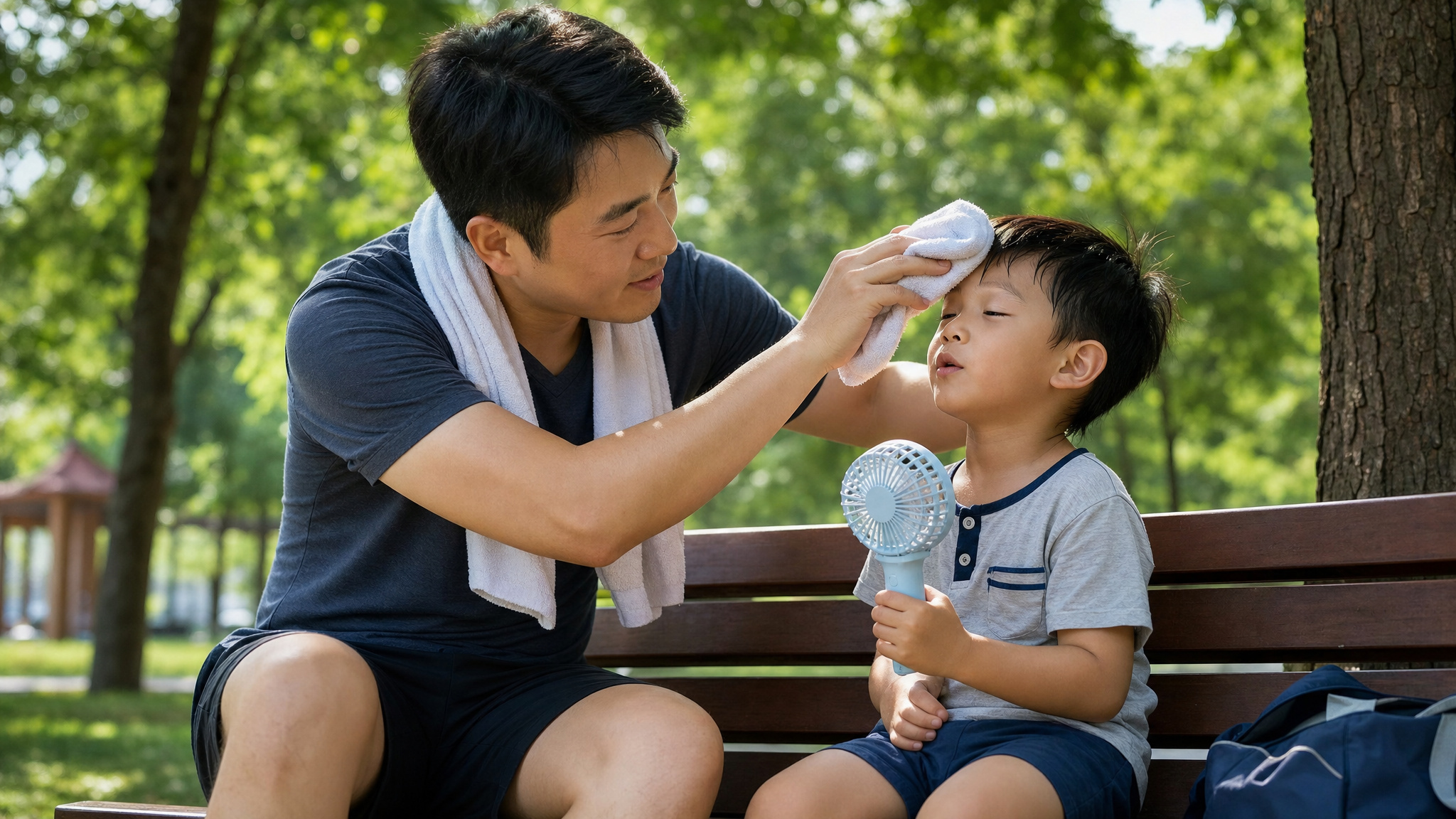 A caring Chinese father wiping sweat from his 4-year-old son's forehead with a cool towel in a shaded outdoor park, summer time, the boy is holding a small portable fan and taking a deep breath, warm and loving atmosphere, cinematic lighting, photorealistic, 8k --ar 3:4