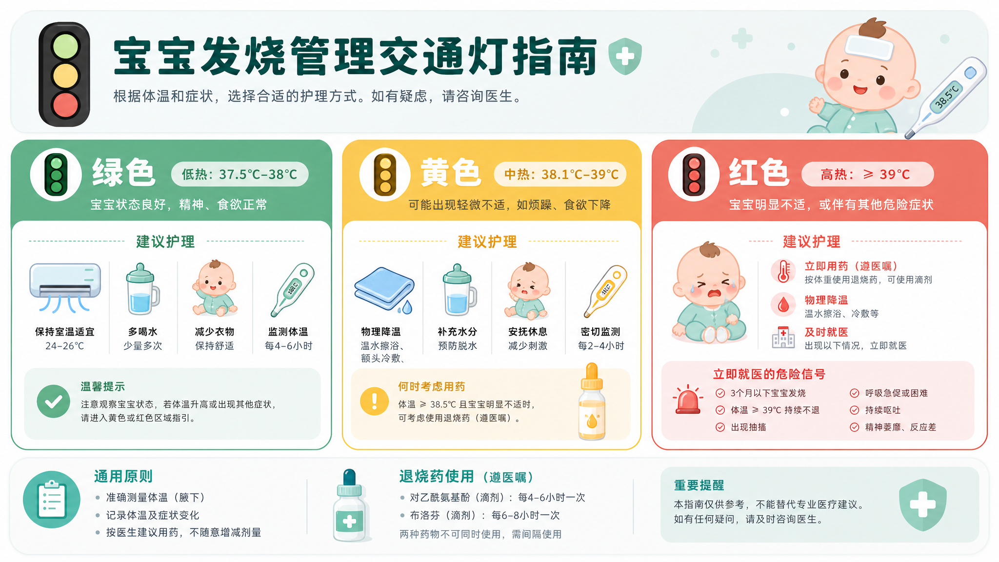 A clean, modern flat illustration of a medical infographic showing a traffic light system (Green, Yellow, Red) for baby fever management. Chinese text placeholders, cute vector icons of a baby, a thermometer, an air conditioner, and medicine dropper. Soft pastel medical colors (mint green, soft yellow, coral red), high quality, minimalist design, UI/UX style. --ar 16:9