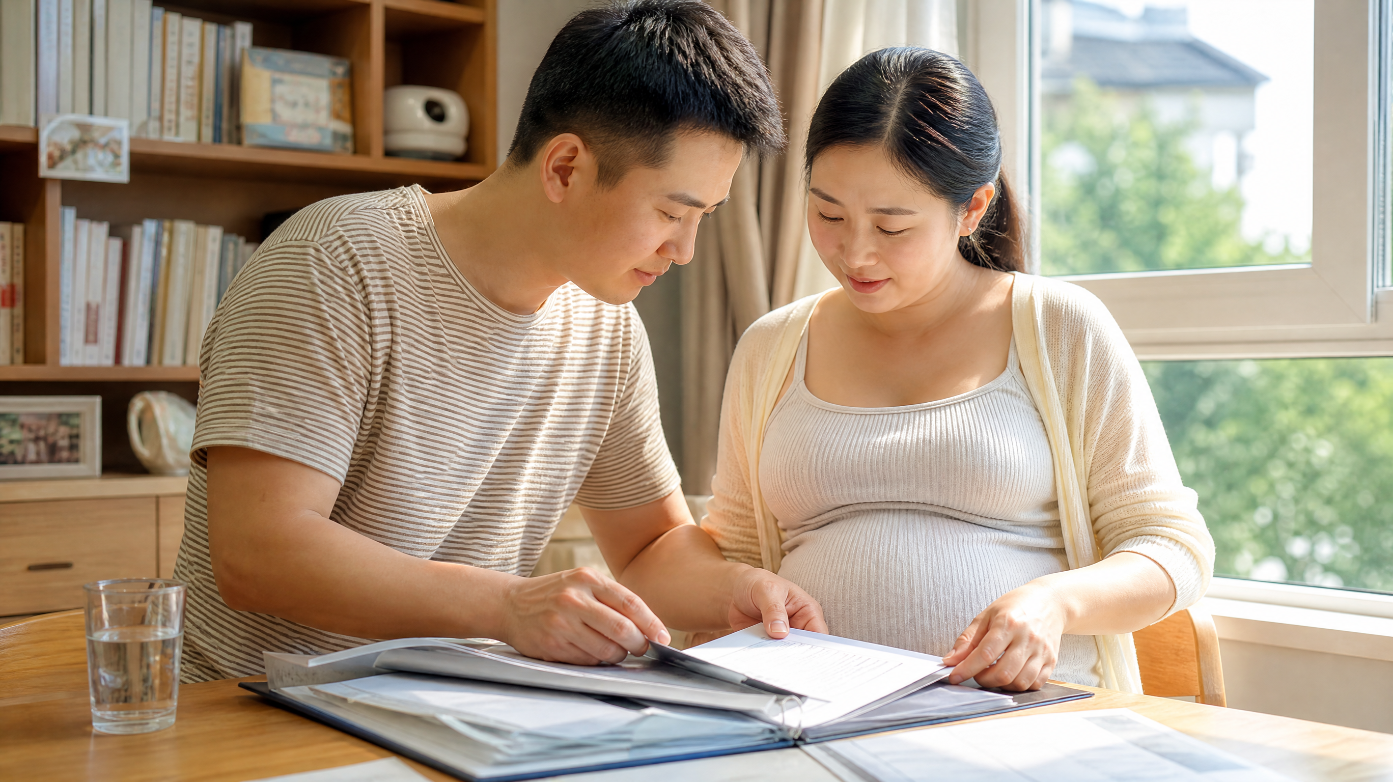 A caring Chinese husband helping his pregnant wife organize medical reports into a neat folder at a cozy home desk. A glass of warm water is on the table. Bright summer morning light coming through the window, warm and loving atmosphere, photorealistic, highly detailed, Midjourney v6. --ar 4:3