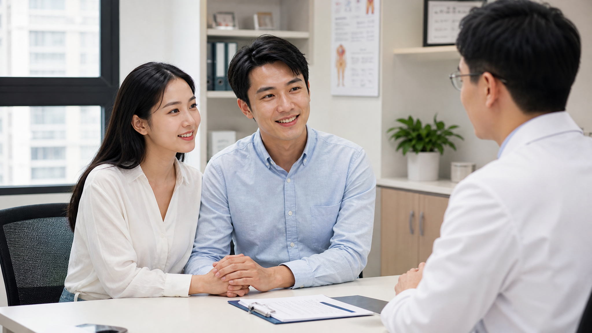 A young Chinese couple sitting together in a bright, modern doctor's office, listening attentively and smiling optimistically, the husband gently holding the wife's hand, professional and warm atmosphere, high detail, realistic photography, 8k.