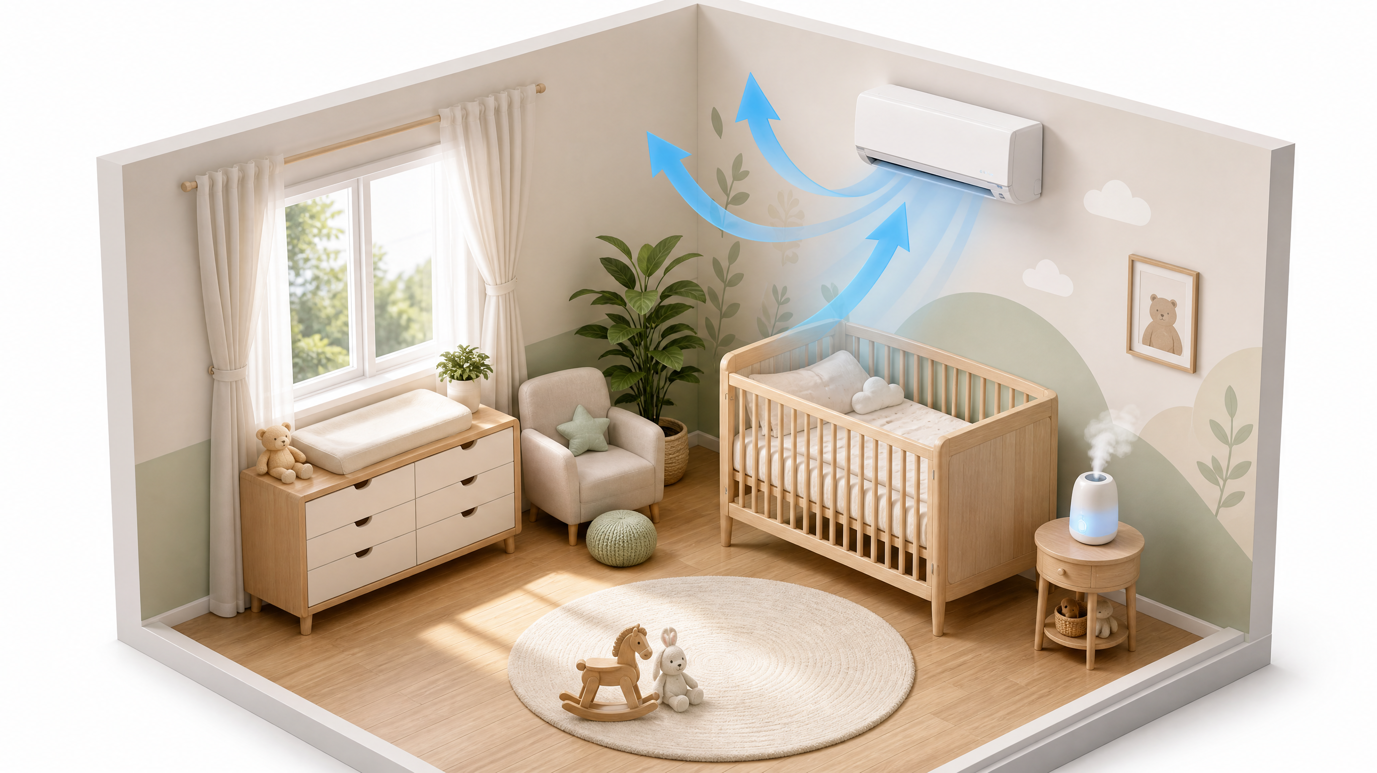 A clean, aesthetic 3D isometric illustration of a baby bedroom layout, showing an air conditioner high on the wall with blue arrows indicating the cold wind blowing upwards and away from a wooden baby crib placed in a safe corner, a humidifier on a small table, bright and soft lighting, infographic style, minimalist and modern.