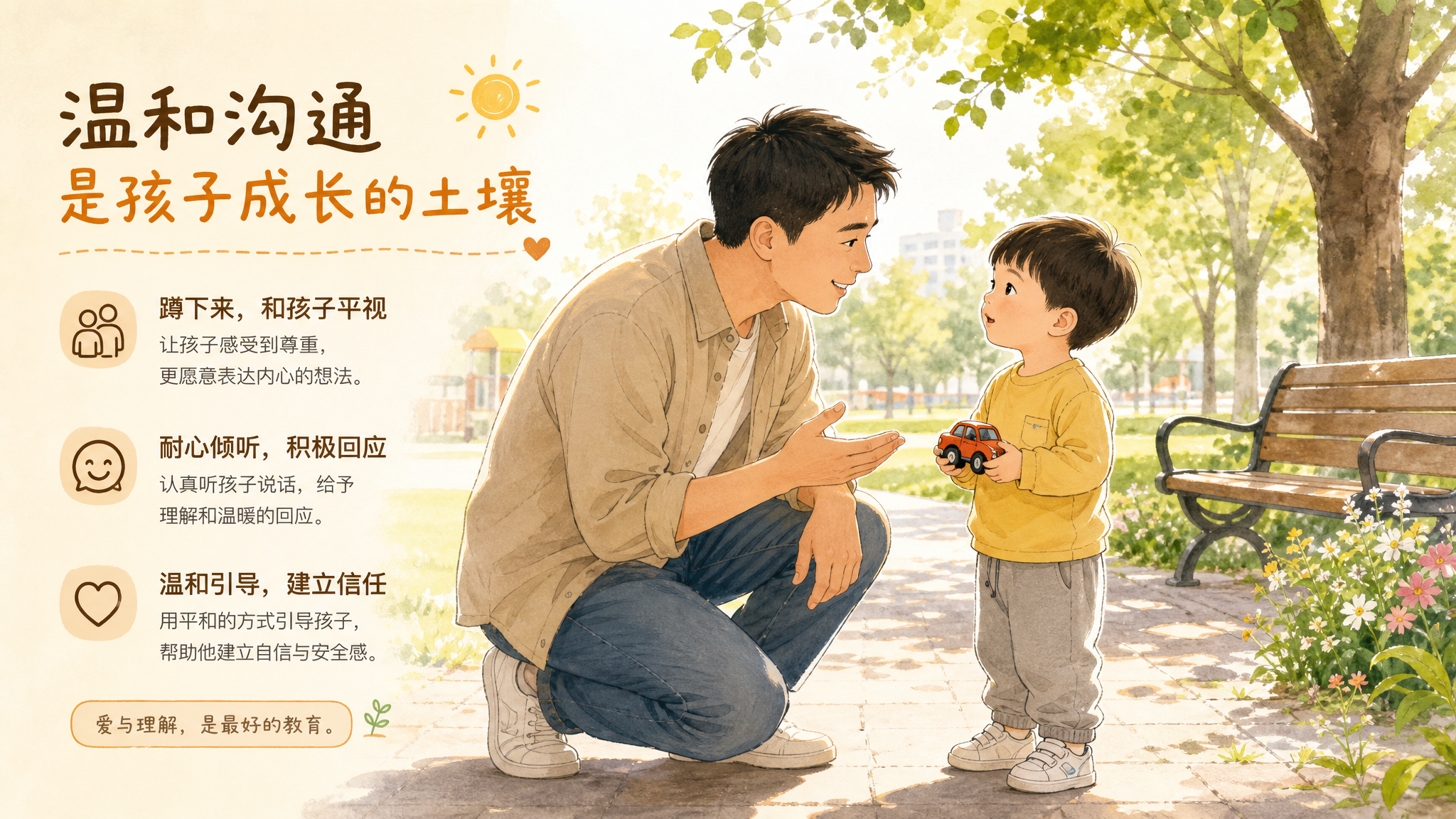 A heartwarming illustration of a Chinese father kneeling down in a sunny park, gently talking to his 3-year-old child. The child is holding a small toy car for comfort. Warm beige tones, clean linear icon style mixed with soft watercolor, gentle and encouraging atmosphere, bright natural lighting, educational parenting illustration, 8k --ar 3:4