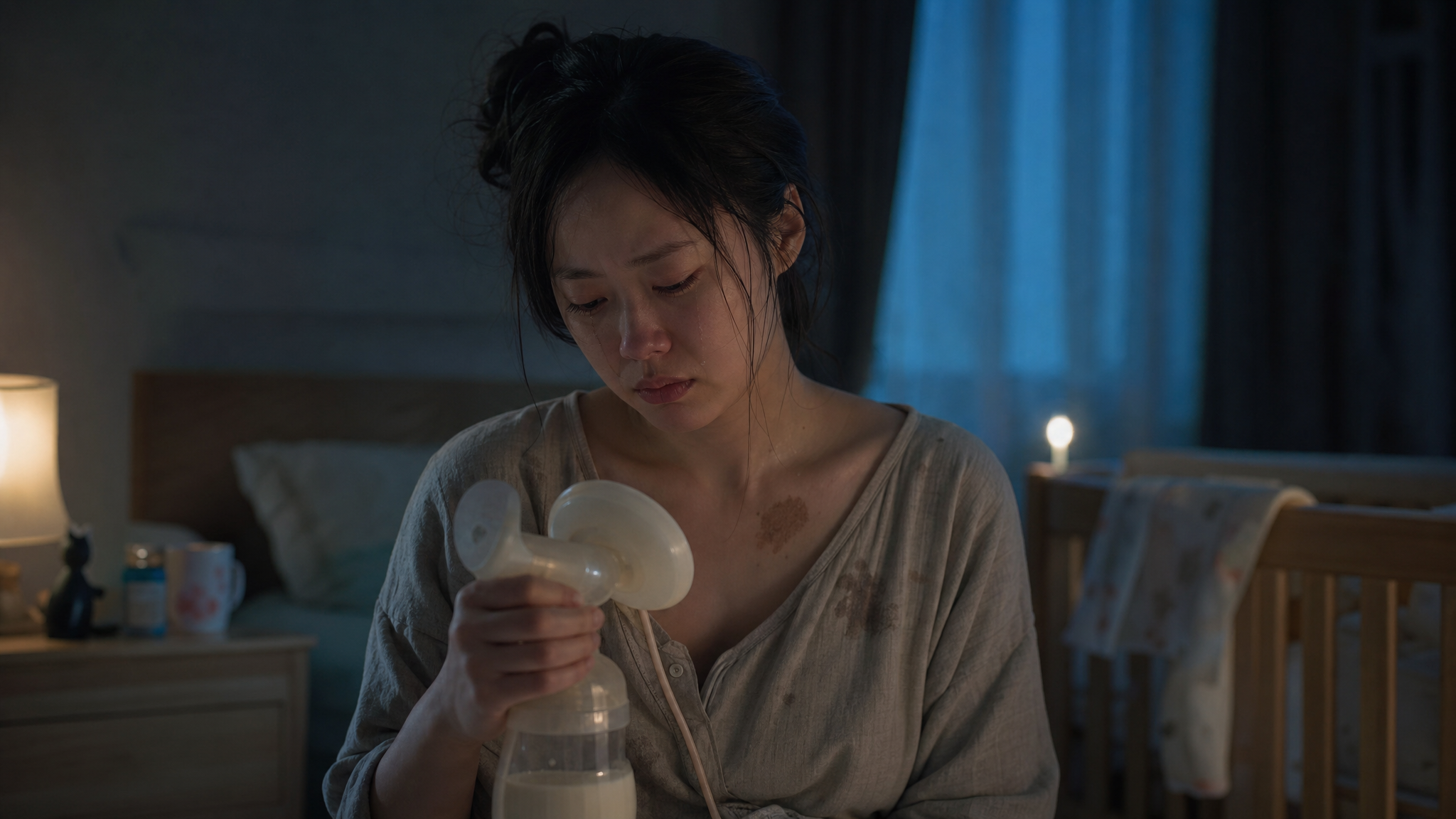 A hyper-realistic portrait photography of a young Chinese mother sitting in a dimly lit bedroom at 2 AM, looking exhausted and tearful, holding a breast pump. She is wearing a loose, slightly sweat-stained nursing top. Soft cool moonlight coming from the window, warm dim bedside lamp. Cinematic lighting, emotional and empathetic atmosphere, highly detailed, 8k resolution. --ar 3:4