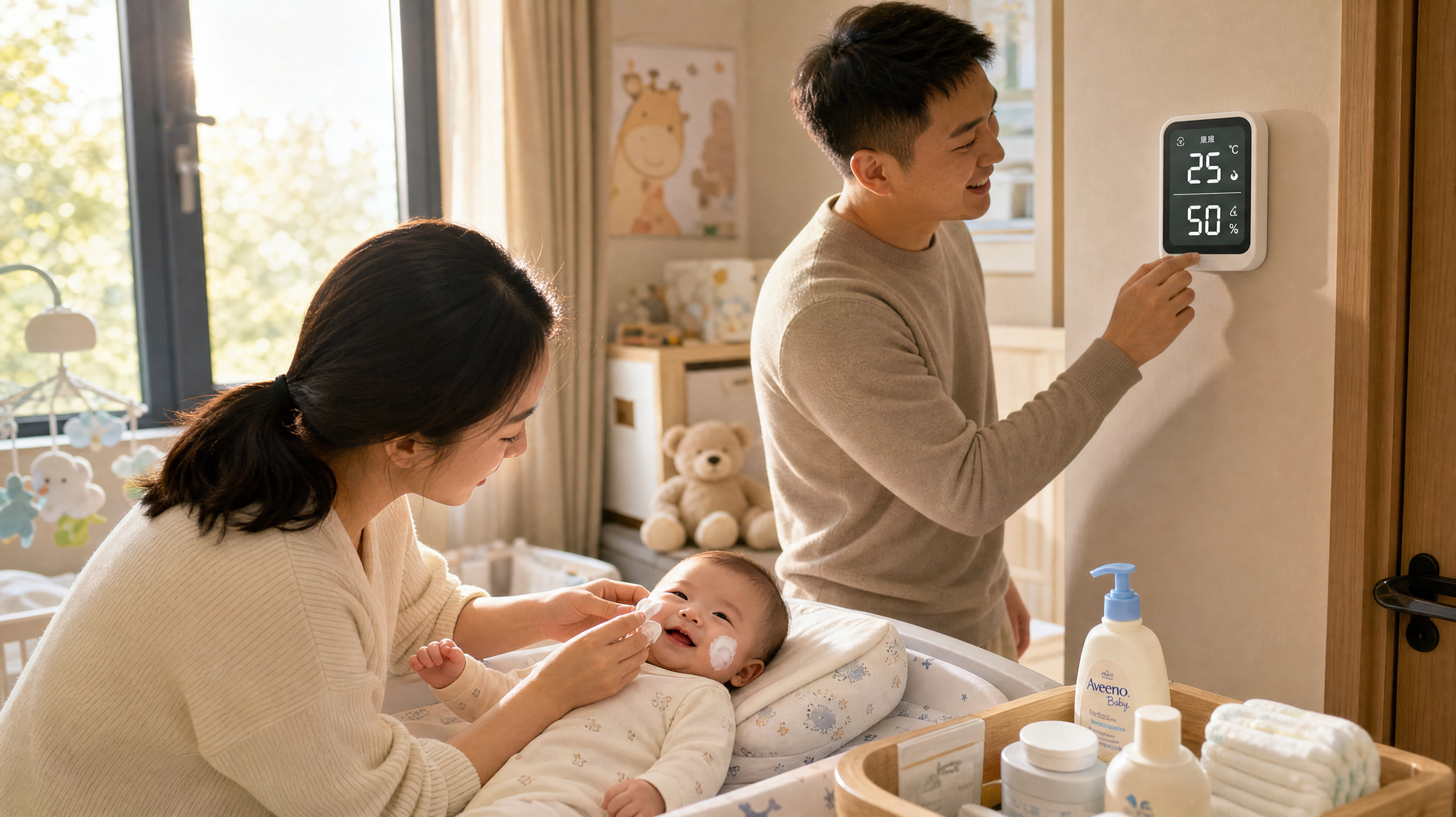 A heartwarming bright indoor shot of a young Chinese couple caring for their baby. The father is adjusting a modern digital room thermometer/hygrometer on the wall (showing 25 degrees Celsius and 50% humidity), while the mother is gently applying baby cream to the smiling baby's face on a changing table. Warm sunlight filtering through the window, clean and cozy nursery room, photorealistic, 8k.