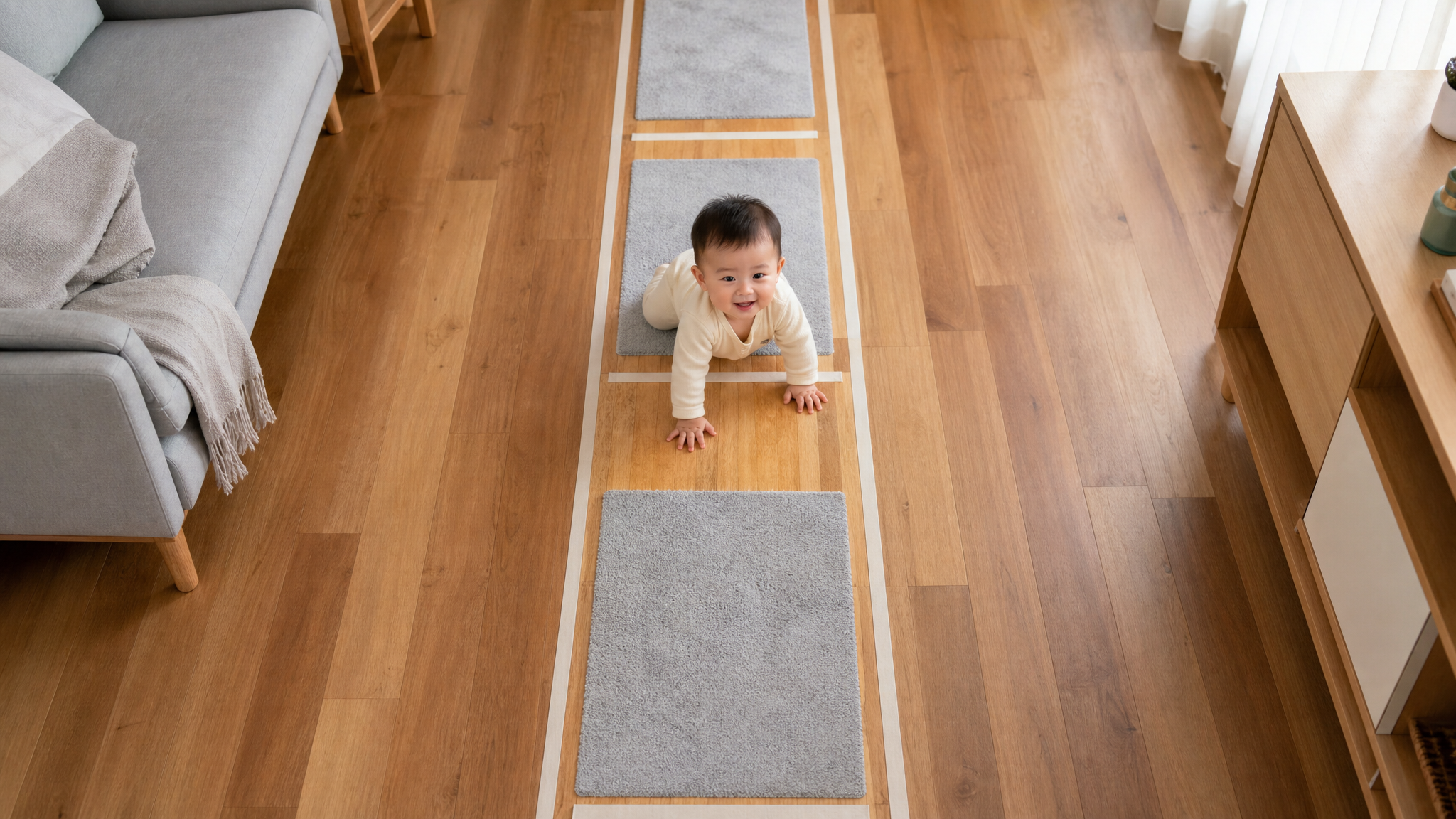 A top-down view of a bright, clean living room. A Chinese baby wearing a light bamboo fiber onesie is crawling on a custom track made of a wooden floor and microfiber towel strips (60x180cm). Anti-slip tape is visible on the edges. Soft natural lighting, warm wood tones, and light gray accents. High quality, photorealistic, 8k resolution, shot with a 35mm lens.