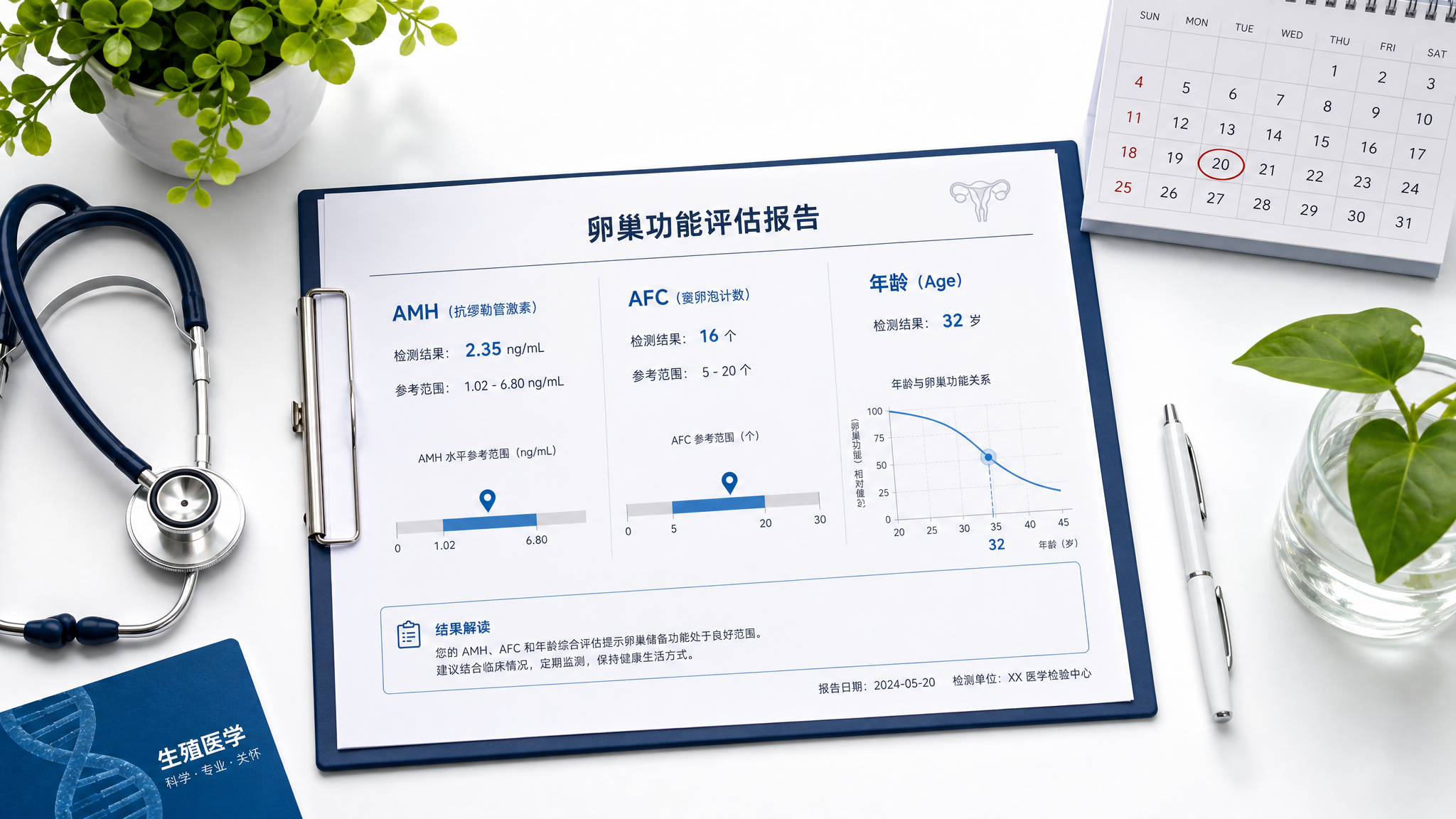 A conceptual flat lay photo on a clean white desk, showing a medical chart with 