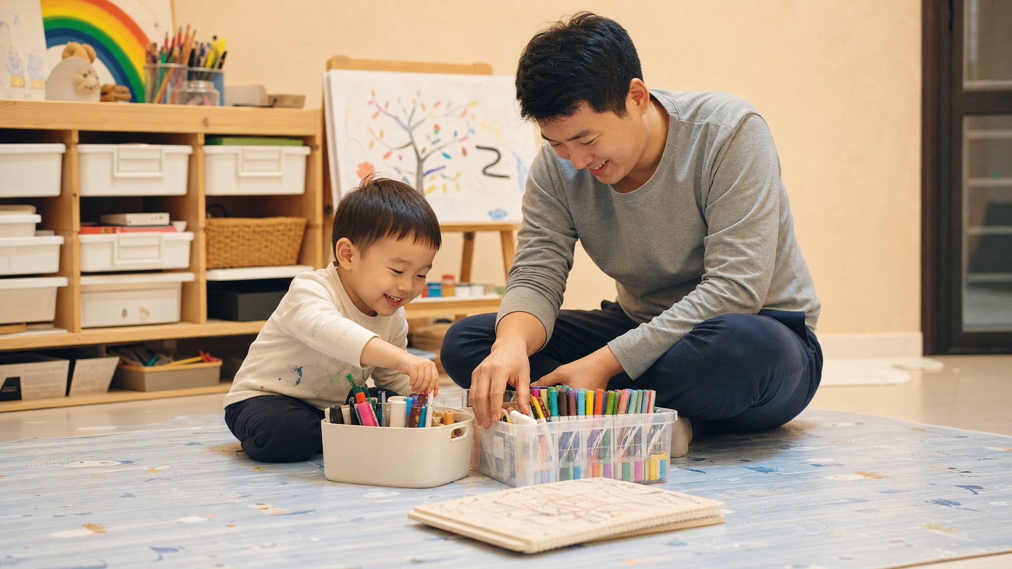 A Chinese young father and his 2-year-old toddler happily organizing colorful art supplies in a cozy home art corner. The floor is covered with a waterproof mat. Warm indoor lighting, family bonding time, smiling faces, realistic lifestyle photography, high quality.