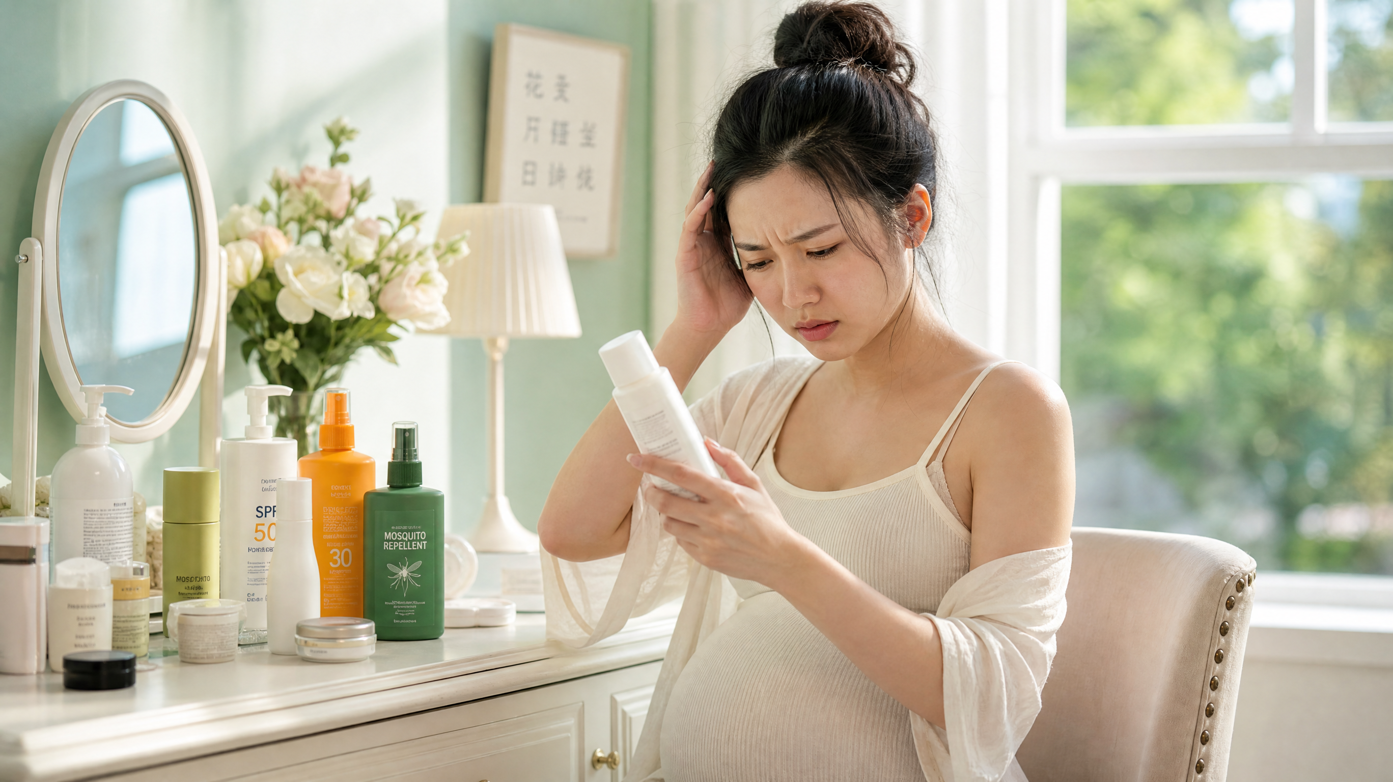 A young beautiful Chinese pregnant woman sitting at a vanity desk, looking confused and stressed at various skincare bottles, sunscreen, and mosquito repellent on the table. Summer sunlight streaming through the window. Fresh mint green and creamy white color palette, healing and soft lighting, high quality, realistic photography, 8k resolution.