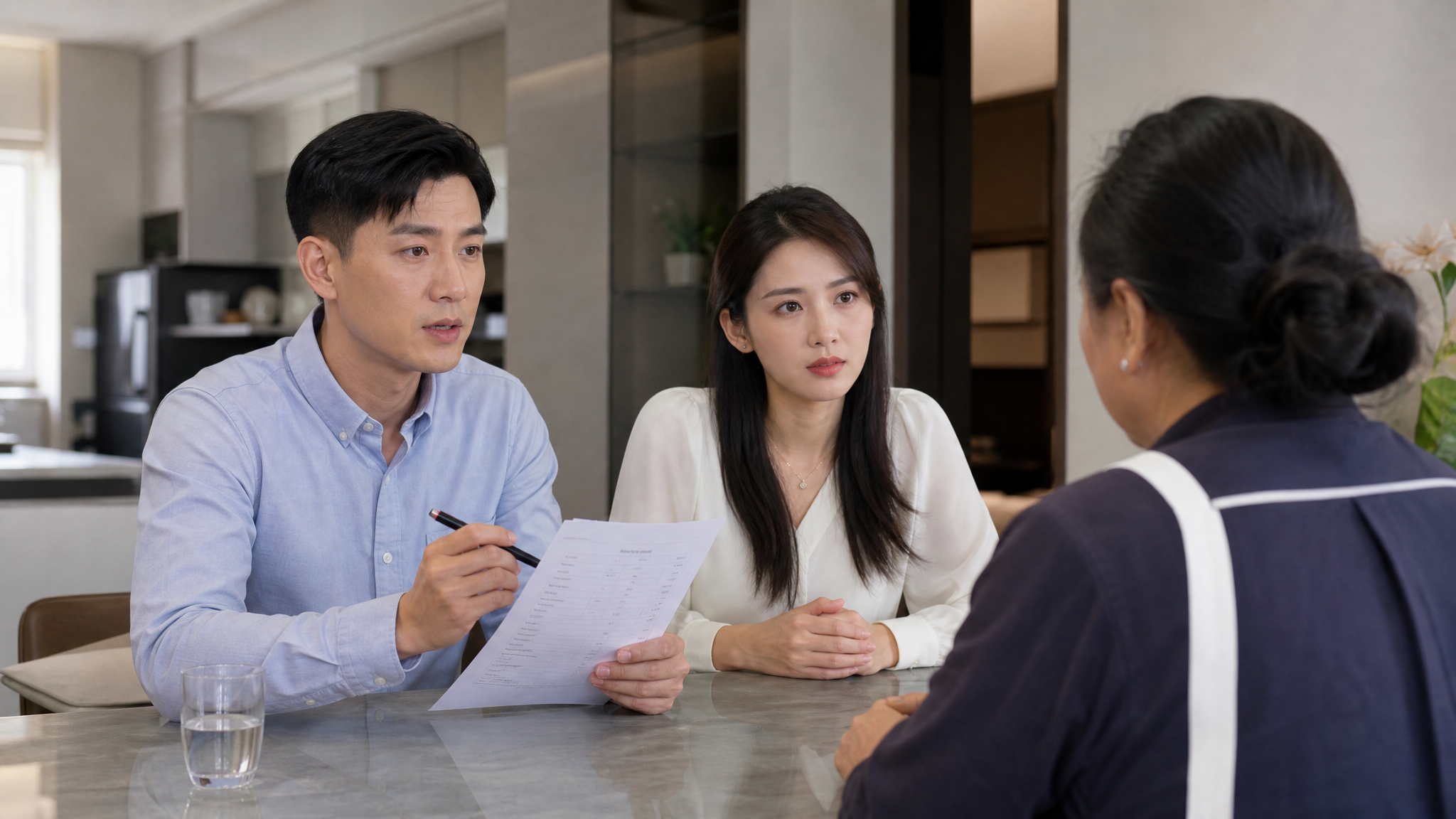 A realistic photo of a young Chinese couple sitting at a dining table, looking professional and serious, interviewing a middle-aged Chinese nanny. The father is holding a checklist and a pen, asking questions. Bright indoor lighting, modern apartment background, high quality, 8k, Midjourney style.