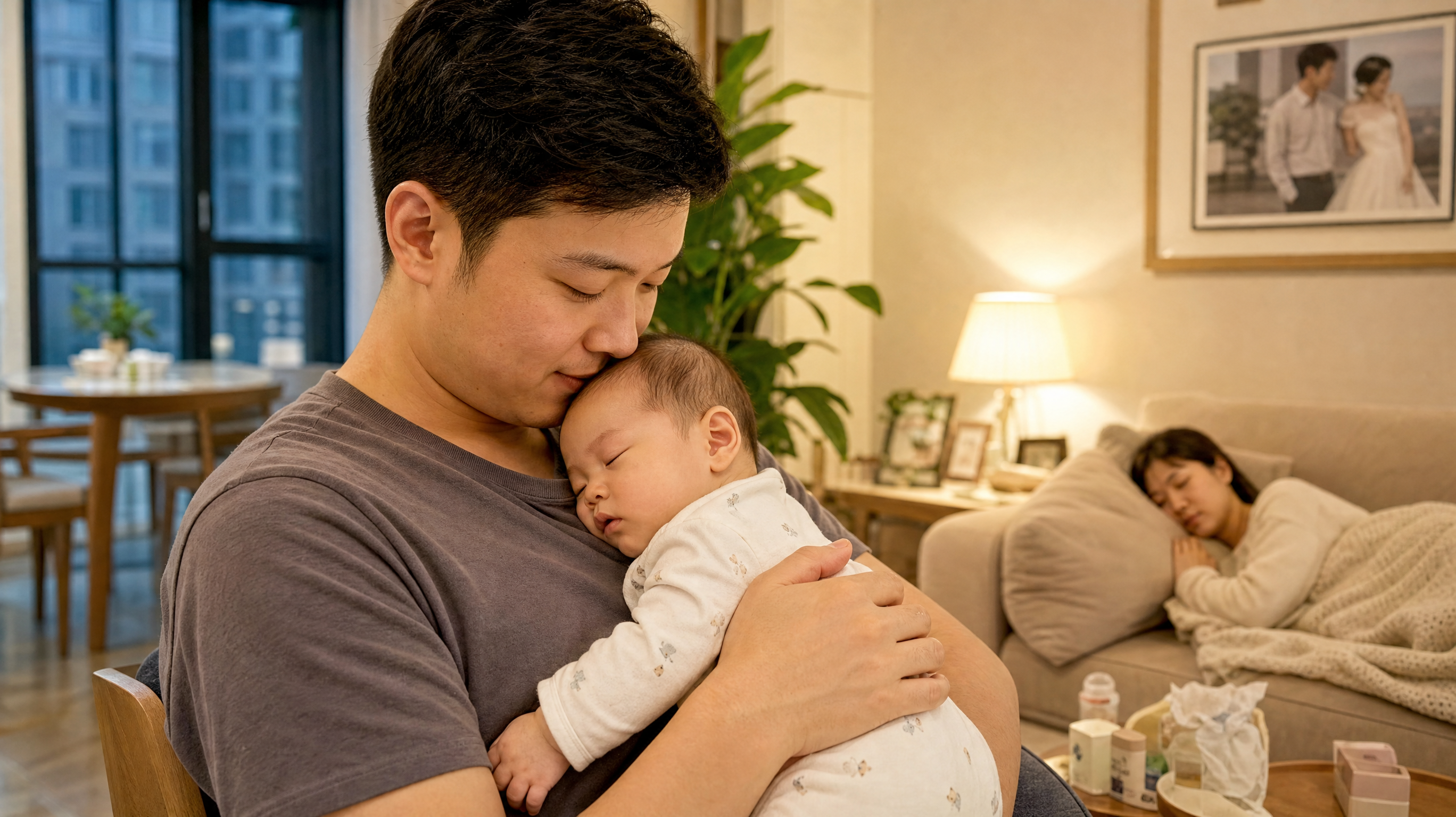 A heartwarming scene in a modern Chinese apartment, a Chinese father holding and comforting a sleeping baby, while the mother is resting peacefully on the sofa in the background, warm indoor lighting, conveying a sense of teamwork and family support, realistic photography, emotional and touching, 8k. --ar 4:3