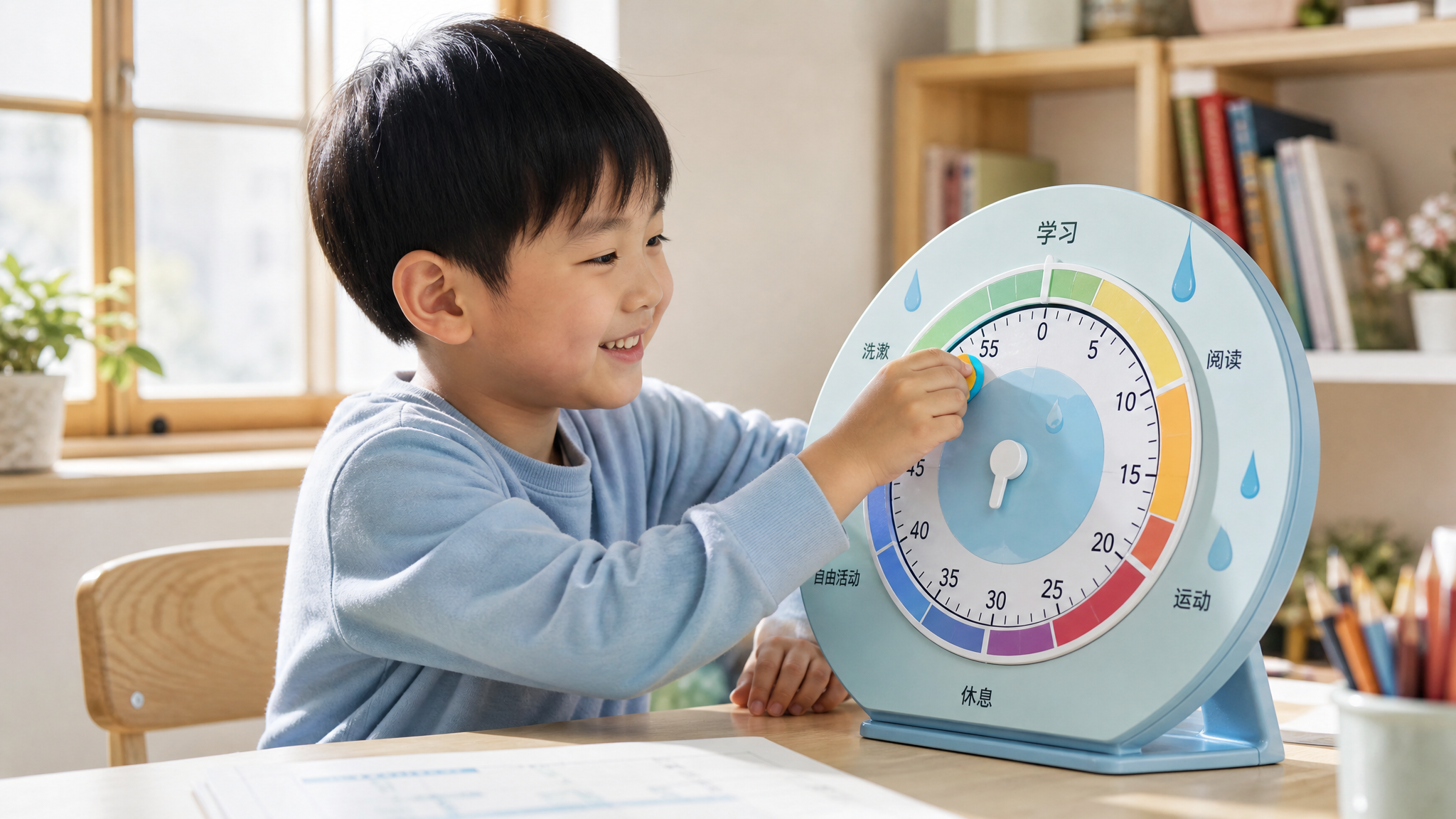 A cute 5-year-old Chinese child happily moving a colorful magnetic strip on a circular visual timer board. The board has light blue and mint green colors with small water drop icons. The child is sitting at a bright, tidy desk. Warm sunlight streaming through the window, cheerful atmosphere, highly detailed, photorealistic, 8k. --ar 3:4