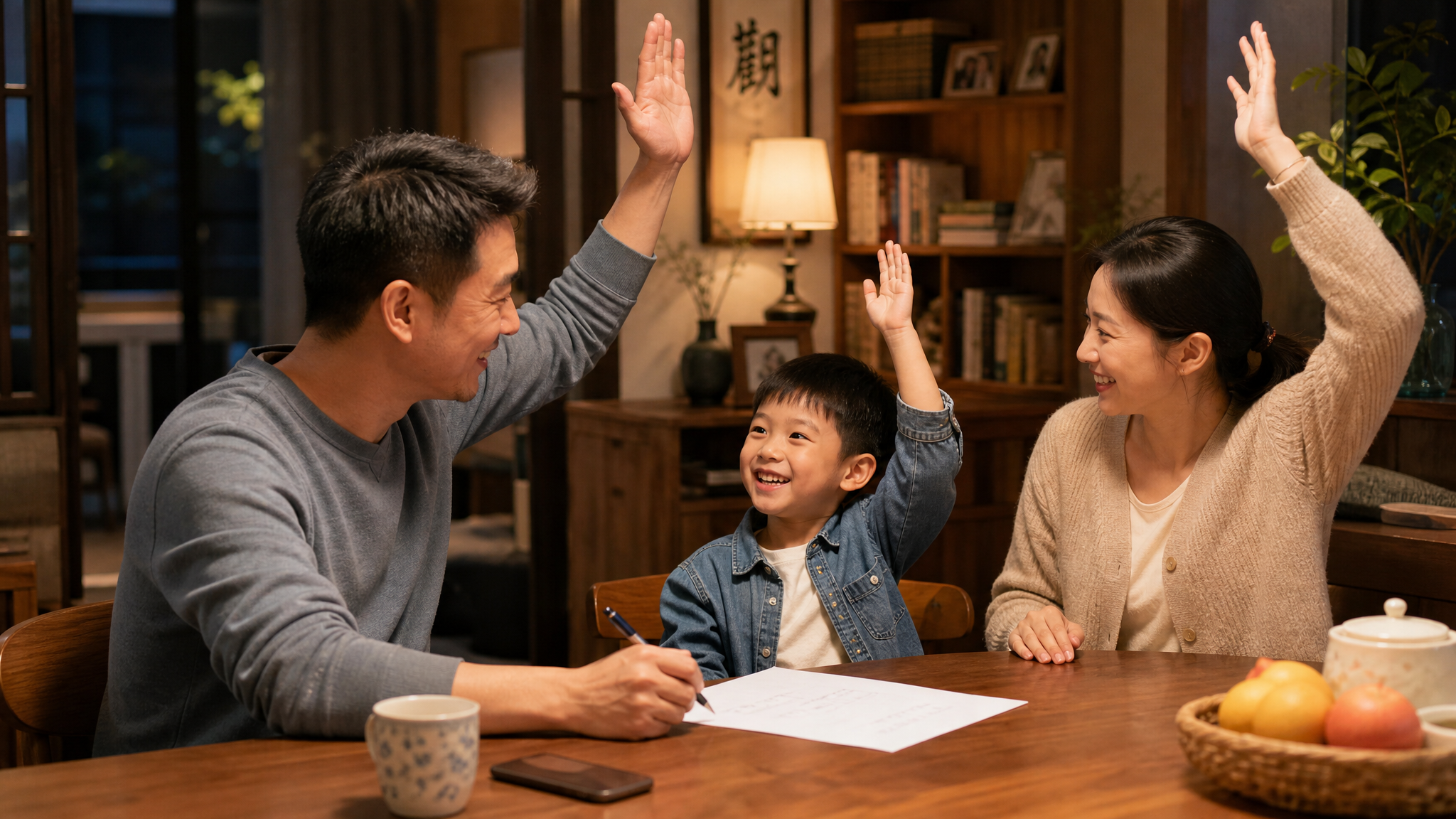 A heartwarming scene of a young Chinese family having a meeting around a wooden dining table. A Chinese father is smiling and writing on a piece of paper, acting as the host. A Chinese mother and a 5-year-old boy are sitting next to him, raising their hands happily to vote. Warm indoor lighting, cozy atmosphere, realistic, high quality, Midjourney v6. --ar 16:9