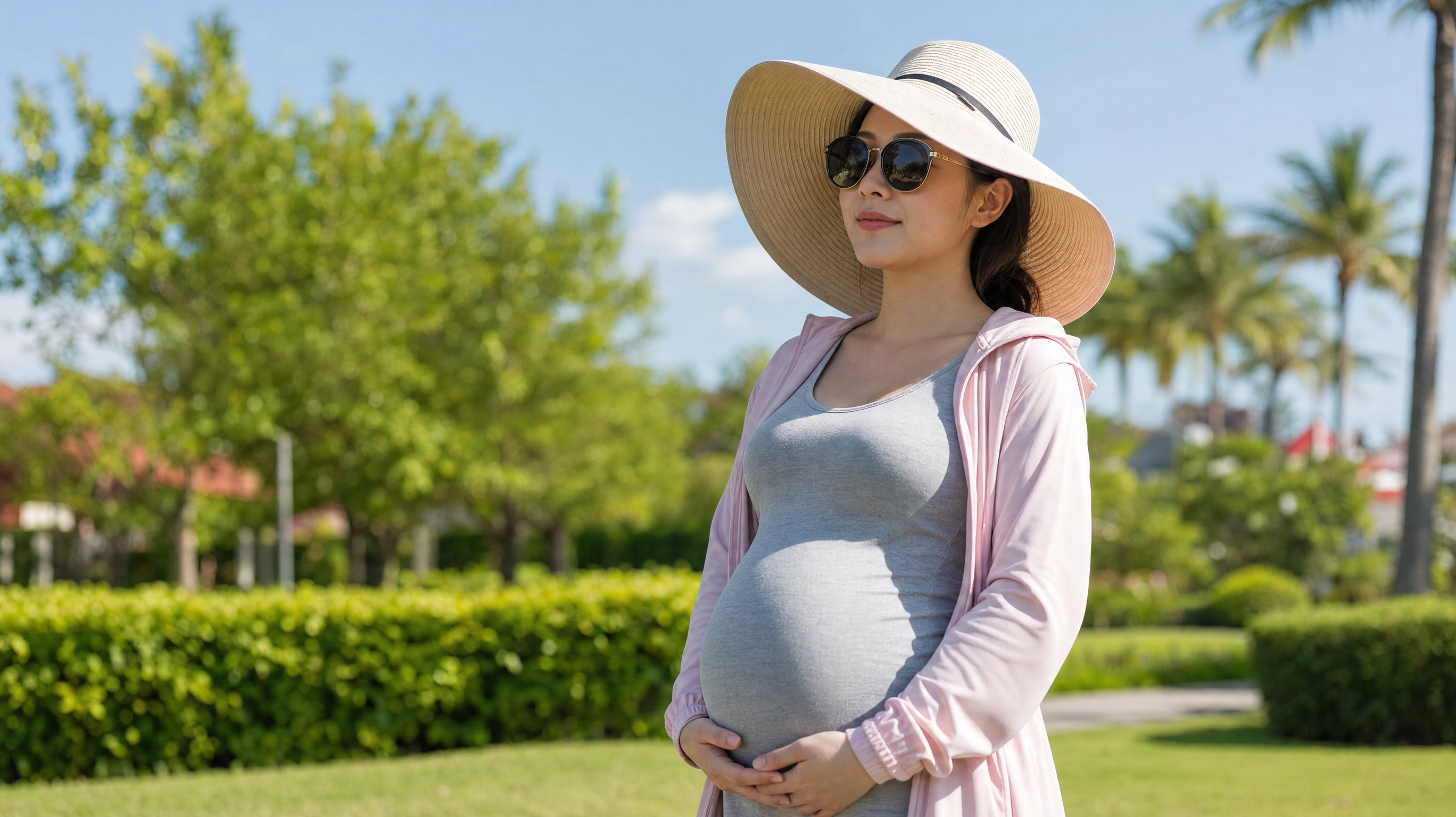 A photorealistic image of a beautiful Chinese pregnant woman outdoors in summer, wearing a stylish UPF50+ sun protection jacket, a wide-brimmed hat (over 7cm), and UV400 sunglasses. Bright sunshine, clear blue sky, natural lighting, soft shadows, high resolution, 8k, cinematic lighting, shot on 85mm lens.