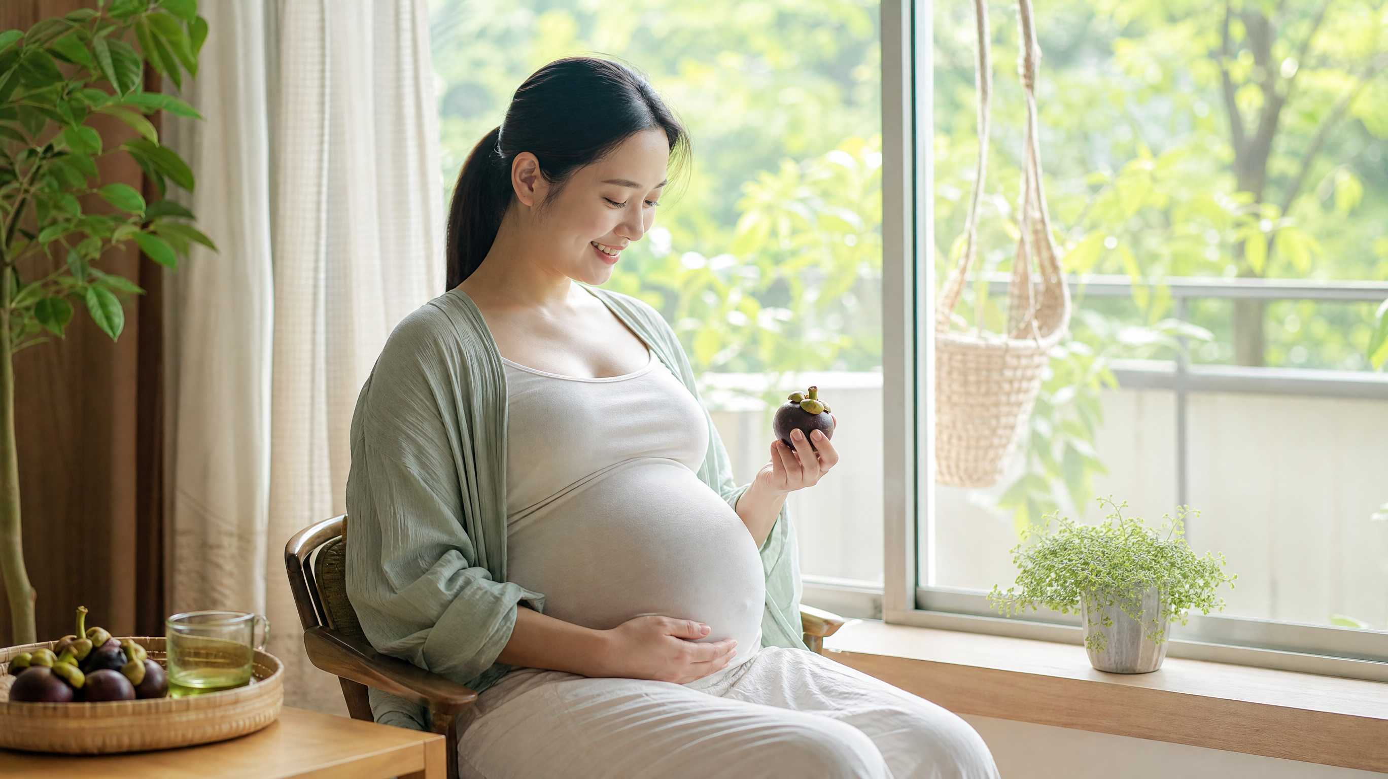 A gentle Chinese pregnant woman sitting by a bright window in summer, holding a fresh mangosteen in her hand, smiling warmly at her belly. Soft natural lighting, pastel green tones, highly detailed, photorealistic, Midjourney v6, 8k resolution.