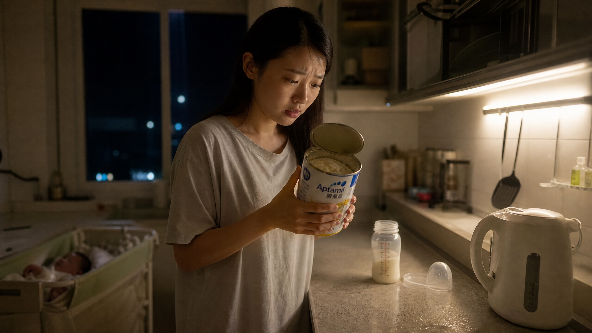 A high-quality photorealistic image of an anxious Chinese young mother in a dimly lit kitchen at 3 AM. She is holding an open baby formula can, looking worried. The kitchen counter looks slightly damp. Soft warm indoor lighting, cinematic lighting, highly detailed, 8k resolution, shot on 35mm lens.