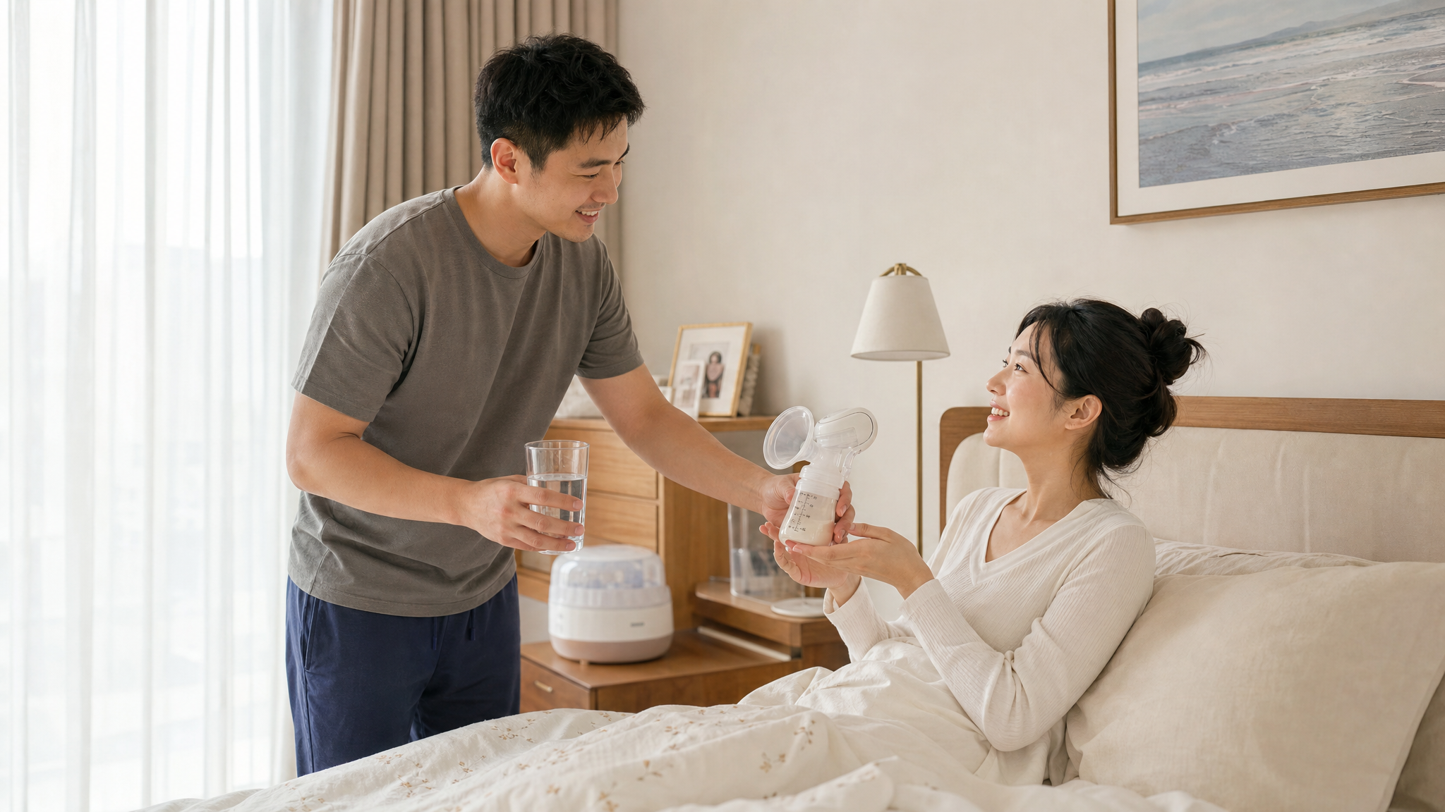 A heartwarming photography of a young Chinese father bringing a clean glass of water and a sterilized breast pump to his wife in a bright, cozy modern bedroom. The mother looks relieved and smiles gently. Natural sunlight, warm tones, loving and supportive atmosphere, highly detailed, 8k resolution. --ar 3:4