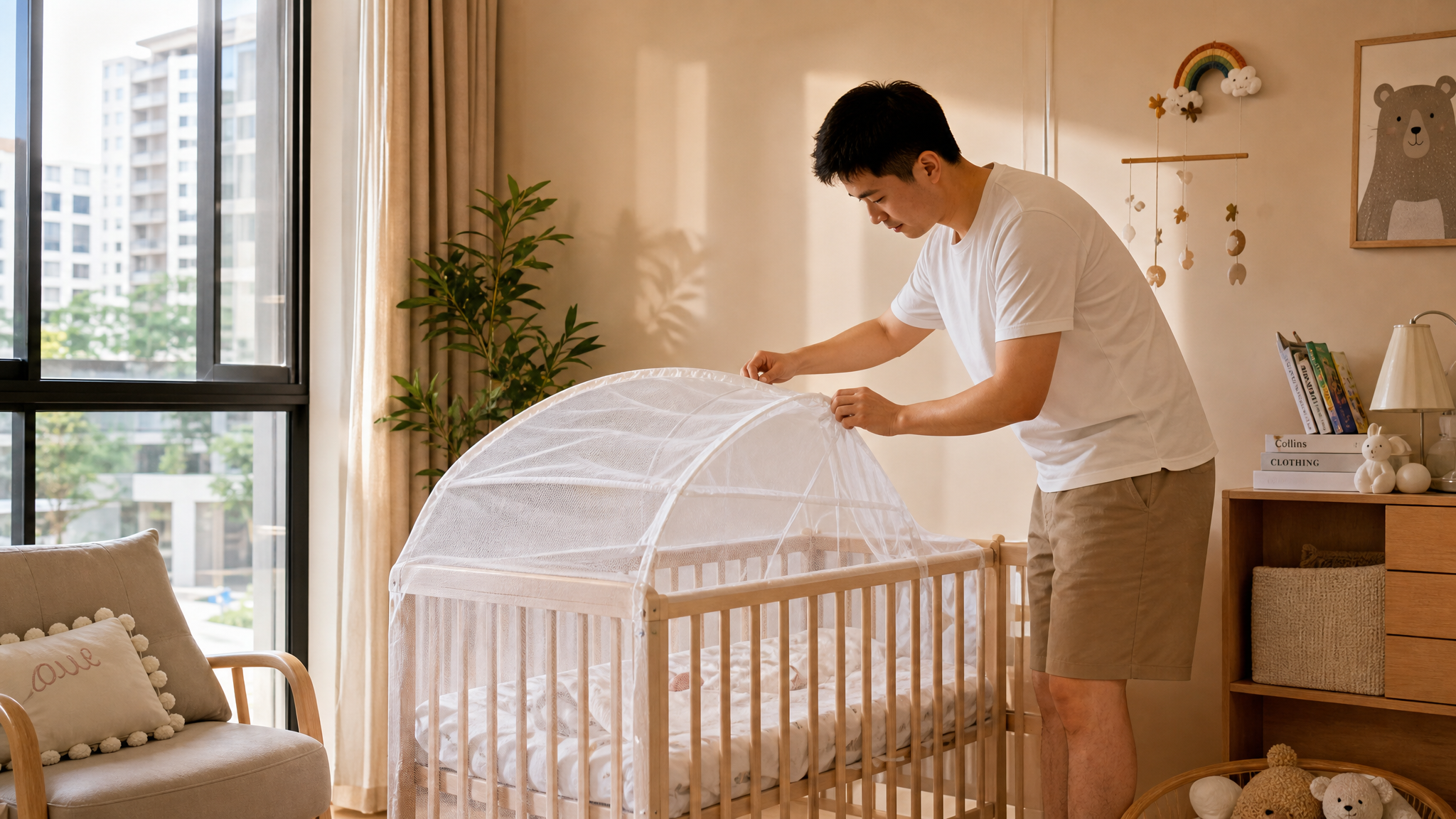 A heartwarming scene of a young Chinese father carefully installing a full-enclosure white mosquito net over a baby crib in a modern, cozy nursery. The room is well-lit with natural daylight. He looks focused and caring. High quality, realistic, warm tones, family lifestyle photography, 8k.