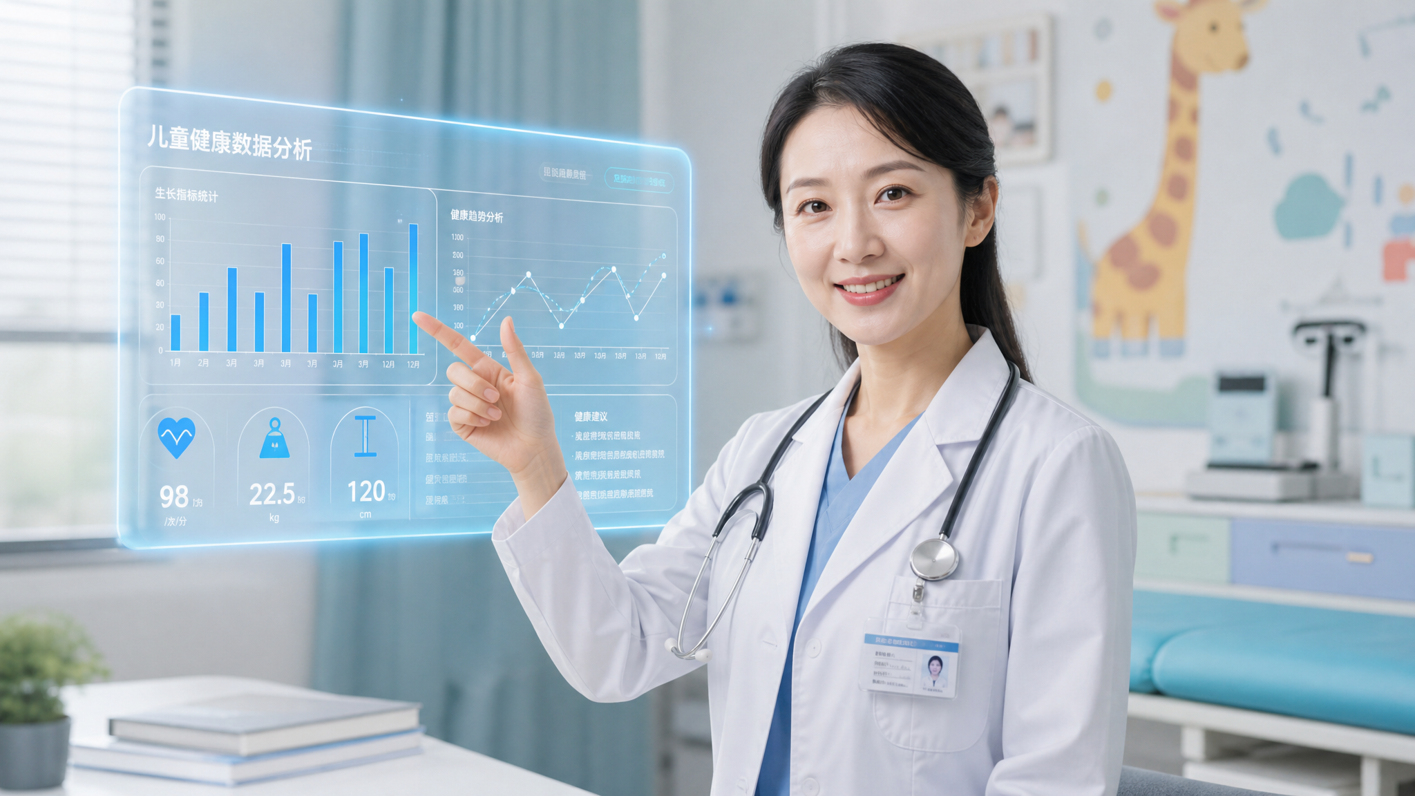 A professional Chinese female pediatrician in a white coat, smiling warmly, pointing at a floating holographic chart showing medical data (bar charts and line graphs), bright clinic background, modern medical aesthetic, soft natural lighting, hyper-realistic, 8k --ar 16:9