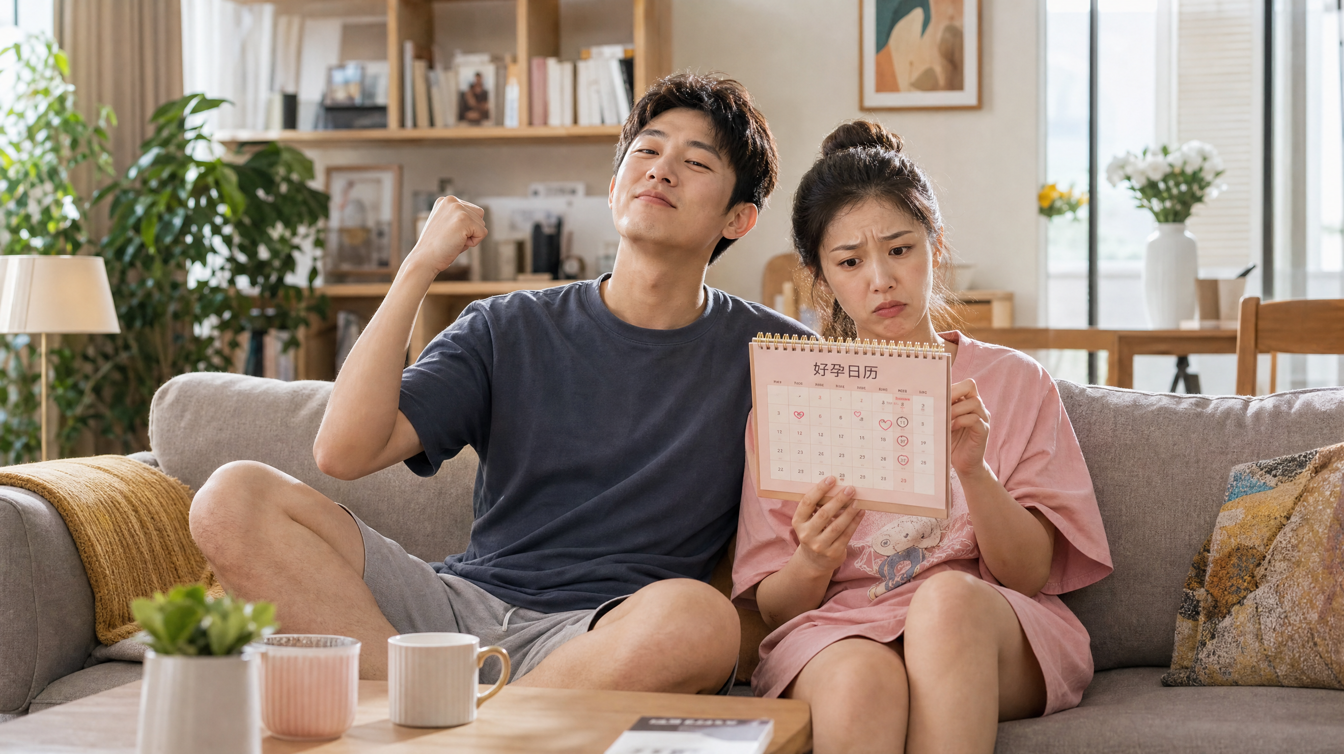 A young Chinese couple sitting on a cozy sofa in a modern bright living room. The husband is looking confident, holding his fist up like he's saving energy, while the wife is looking at a pregnancy calendar with a helpless and funny expression. Soft natural lighting, cinematic composition, high quality, 8k resolution.