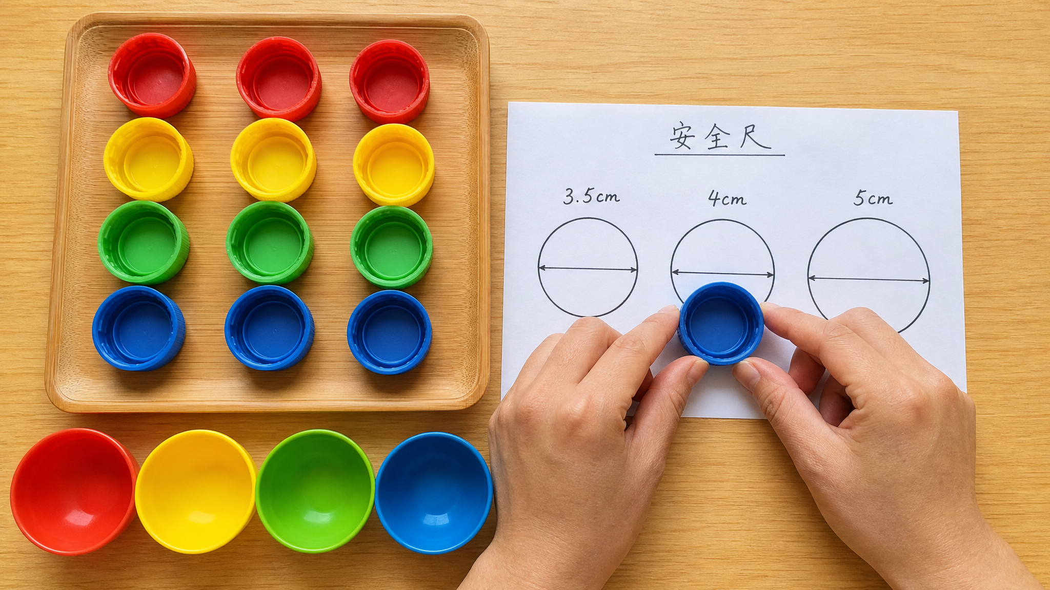A top-down view photography of a neat indoor play area for kids. On a light wooden table, there are several large colorful plastic bottle caps and matching colored bowls. Next to them is a piece of white paper with hand-drawn circles measuring 3.5cm, 4cm, and 5cm, acting as a