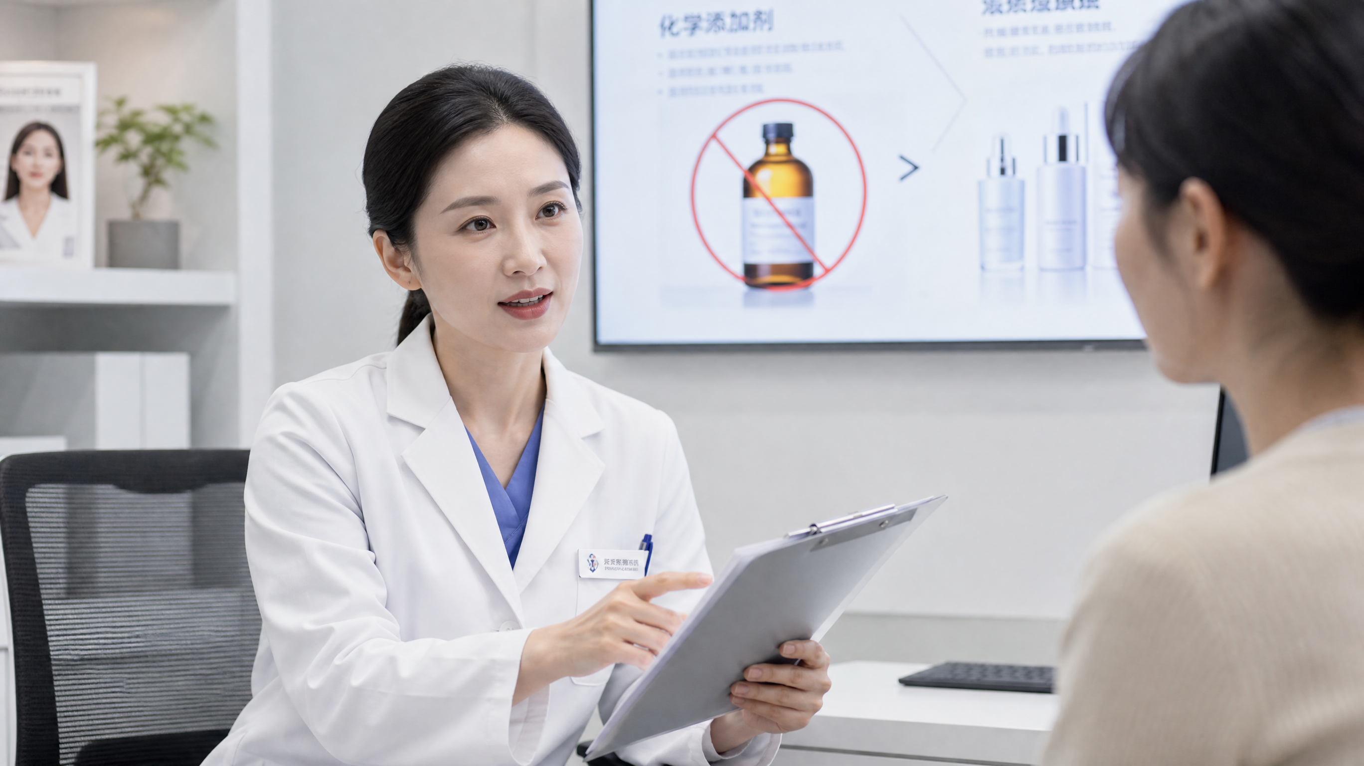 A professional Chinese female doctor in a white coat, sitting in a bright modern clinic, holding a medical clipboard and explaining with a warm but serious expression. A red cross-out symbol over a bottle of chemical liquid is subtly visible in the background infographic. High detail, soft studio lighting, ultra-realistic, 8k.