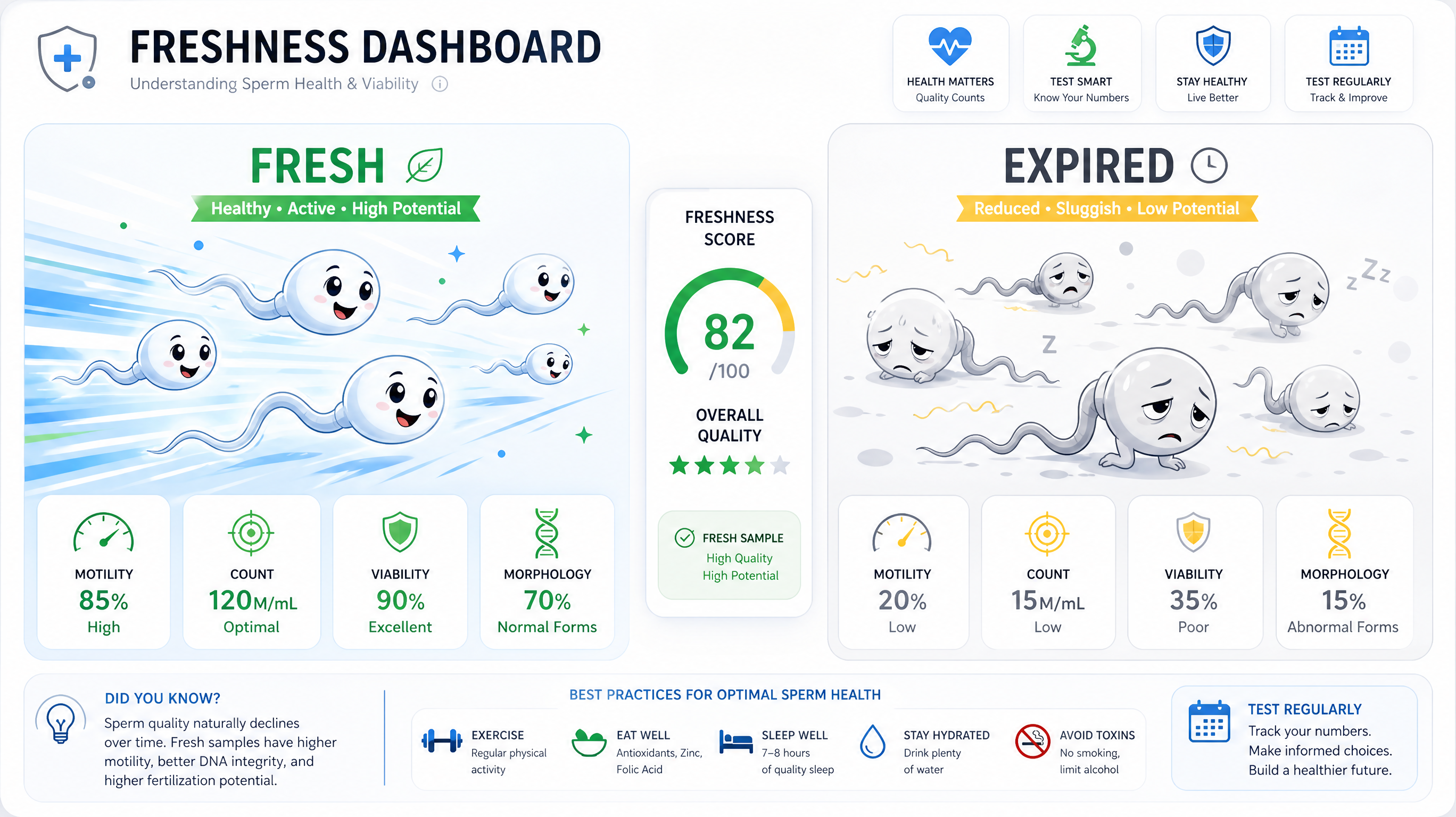 A creative infographic illustration showing a freshness dashboard. On the left, healthy, glowing, energetic sperm characters labeled as