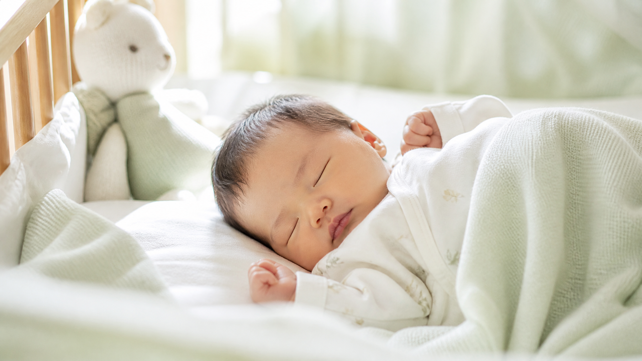 A beautiful, healthy Chinese newborn baby sleeping peacefully in a comfortable crib with soft white and light green blankets. Soft natural sunlight streaming through the window. High resolution, professional newborn photography, peaceful atmosphere.