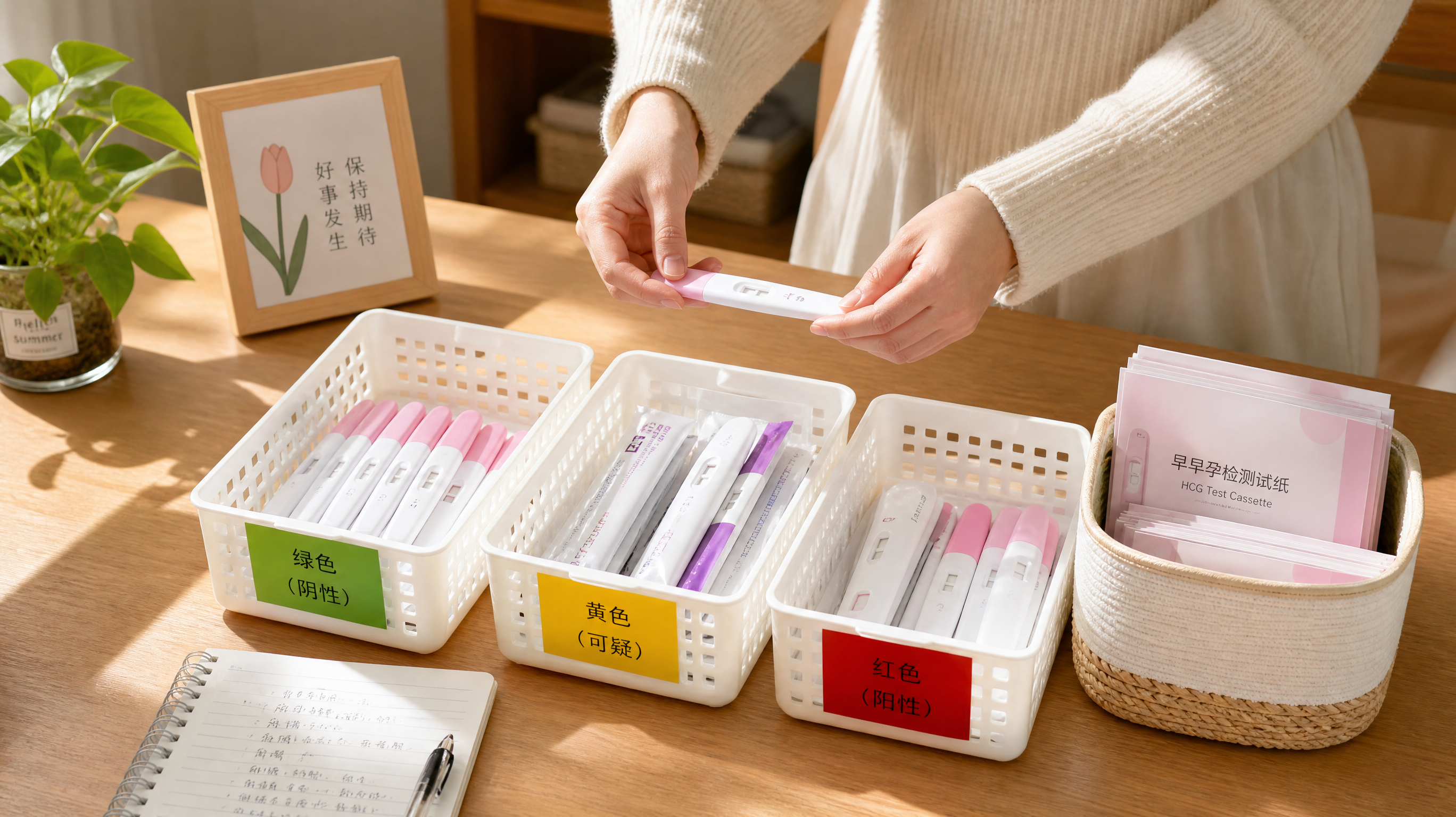 A bright, clean, and organized flat lay photo. A pair of Chinese hands are sorting pregnancy tests into three small storage baskets labeled with green, yellow, and red stickers. The setting is a clean wooden table with bright natural sunlight streaming in. Cozy, tidy, home organization style, highly detailed, 4k.