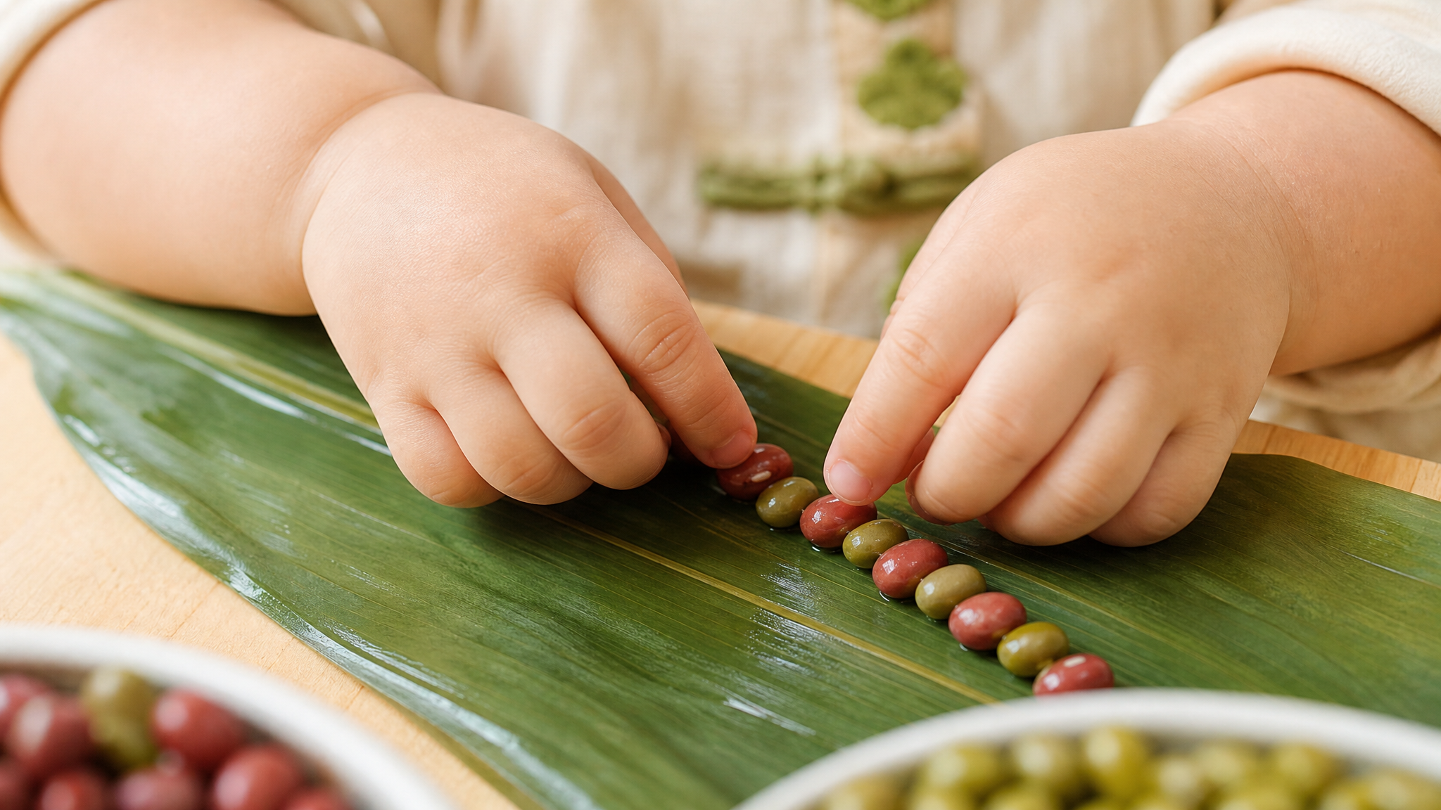 Close-up shot of chubby Chinese toddler hands placing red and green beans in an alternating pattern on a fresh green Zongzi leaf. Bright and clean background, warm beige and green color palette, soft macro lighting, highly detailed, 8k, photorealistic.