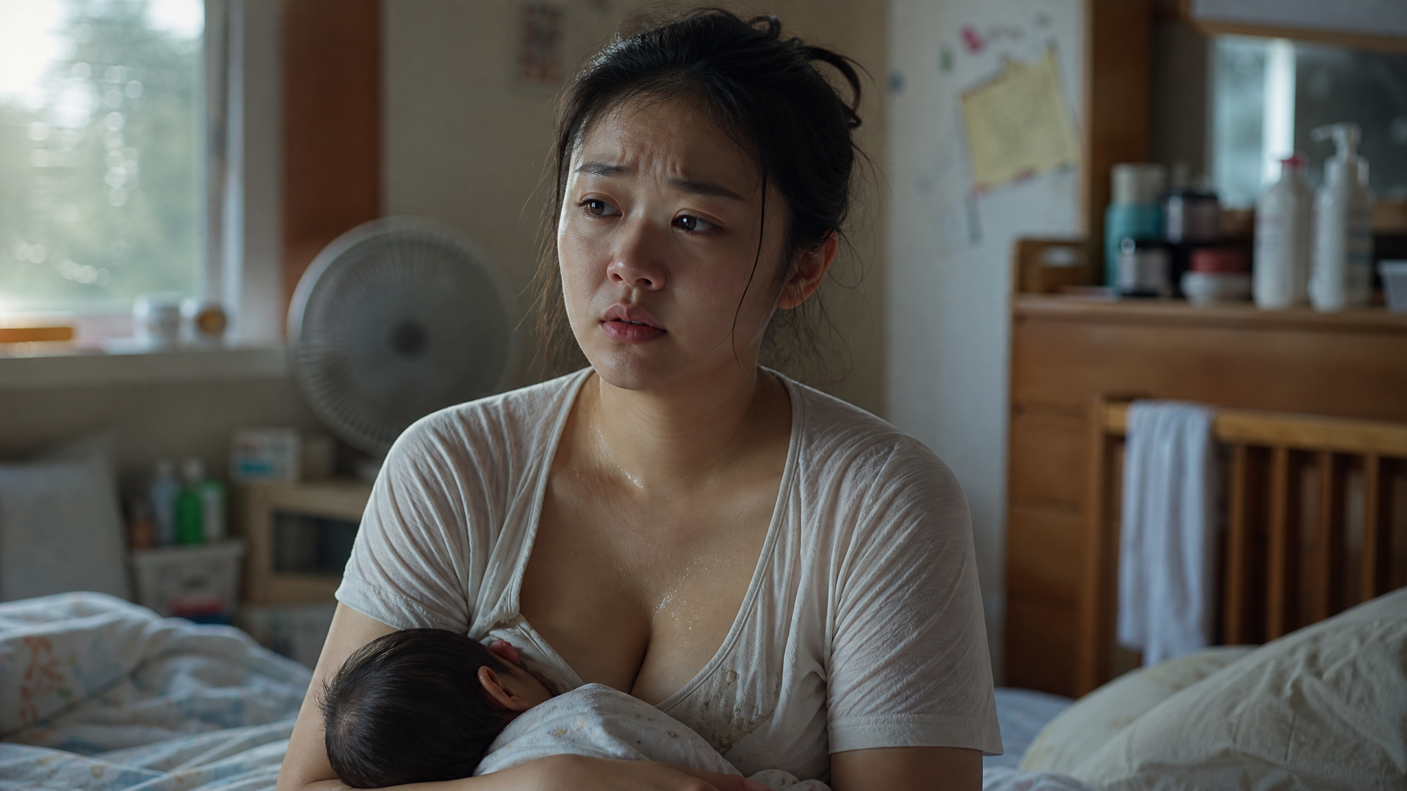 A medium shot of a young Chinese mother sitting in a softly lit bedroom, looking distressed and exhausted. She is wearing a light-colored, slightly damp nursing top. The atmosphere conveys summer heat and humidity. Cinematic lighting, soft shadows, highly detailed, photorealistic, Midjourney v6 style. --ar 3:4