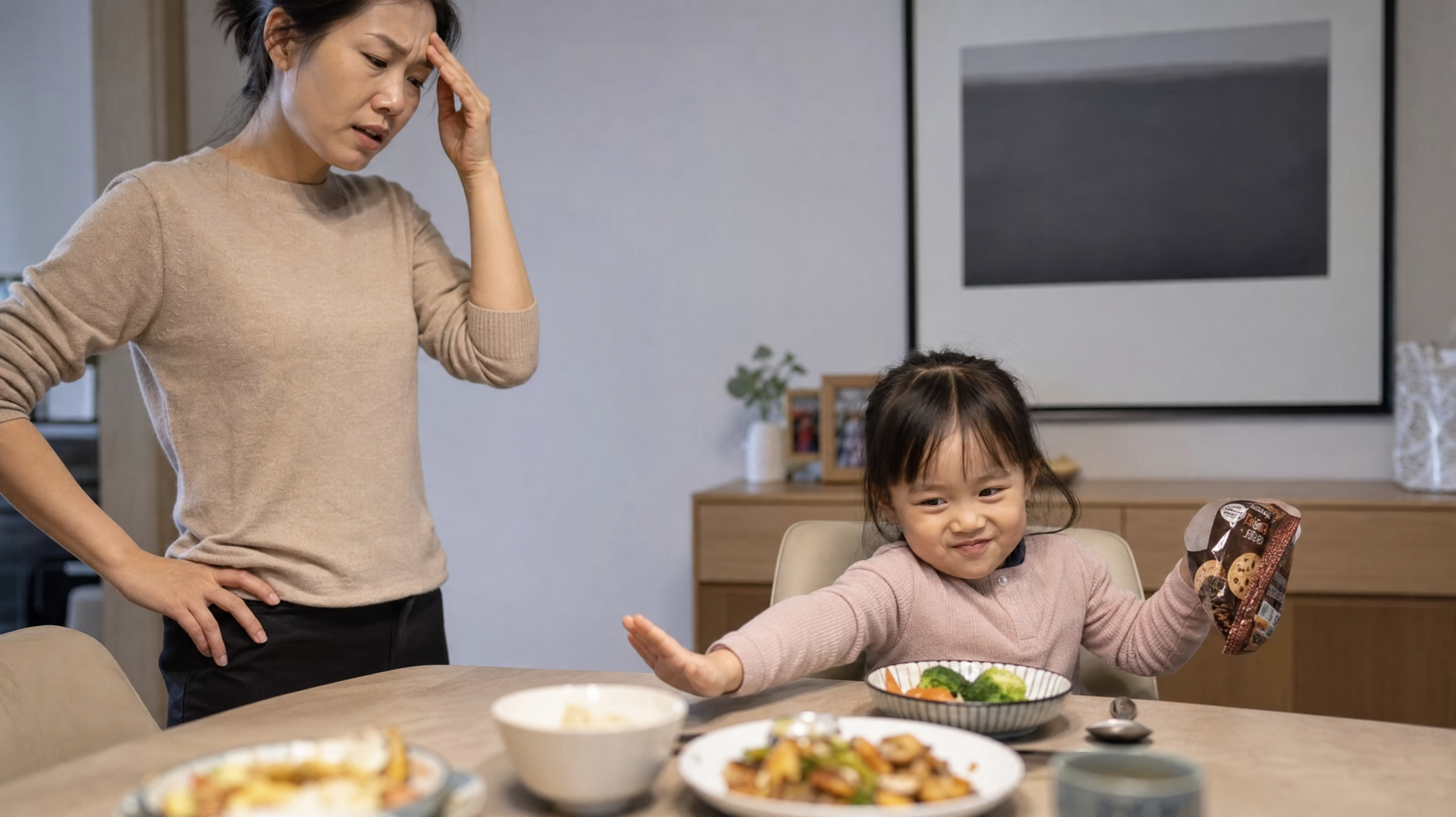 A high-quality photography of a Chinese family dining scene. A cute 4-year-old Chinese kid is sitting at the dining table, pushing away a bowl of healthy food, holding a bag of cookies with a cheeky smile. The Chinese mother stands next to the table, looking frustrated and sighing. Bright indoor lighting, warm tones, realistic and expressive, shot with an 85mm lens, 8k resolution.