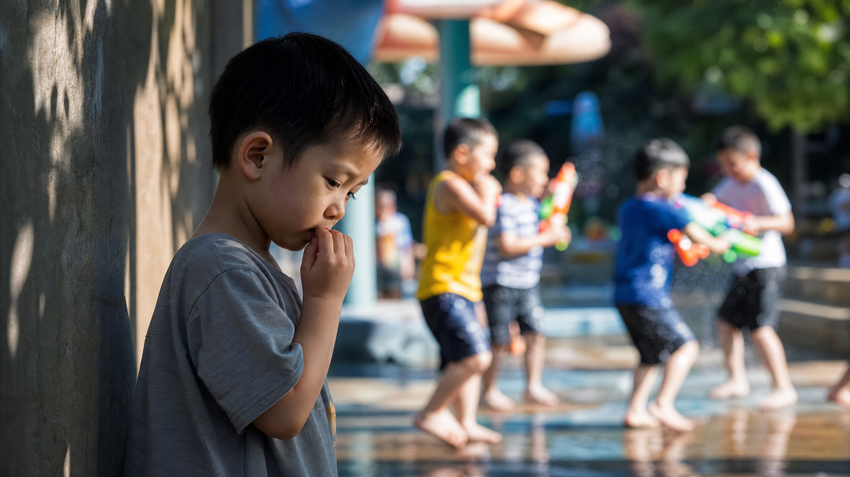 A 4-year-old cute Chinese boy standing alone in the shadow of a sunny summer outdoor water playground, looking down and nervously picking his fingers. In the blurred bright background, a group of Chinese children are playing happily with water guns. Cinematic lighting, emotional storytelling, highly detailed, 8k resolution, photorealistic, Midjourney v6.