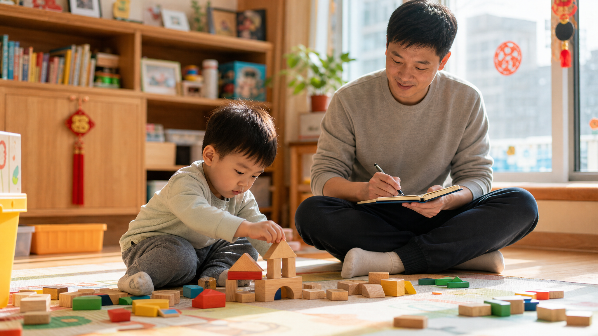 A warm indoor scene of a Chinese family. A cute 3-year-old Chinese toddler is highly focused on building wooden blocks on a play mat. Next to the baby, a young Chinese father is sitting on the floor, smiling and writing notes in a notebook, acting as an evaluator. Soft natural light from the window, cozy atmosphere, ultra-detailed, 8k.