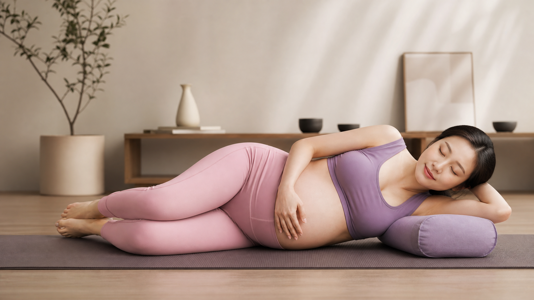 A serene and aesthetic photo of a Chinese pregnant woman lying comfortably on her side on a yoga mat in a bright, minimalist room, wearing soft pink and purple maternity activewear. She has her eyes closed, practicing deep breathing, looking relaxed and peaceful. Soft diffused lighting, gentle shadows, high-end editorial photography, 8k resolution. --ar 3:4 --style raw --v 6.0